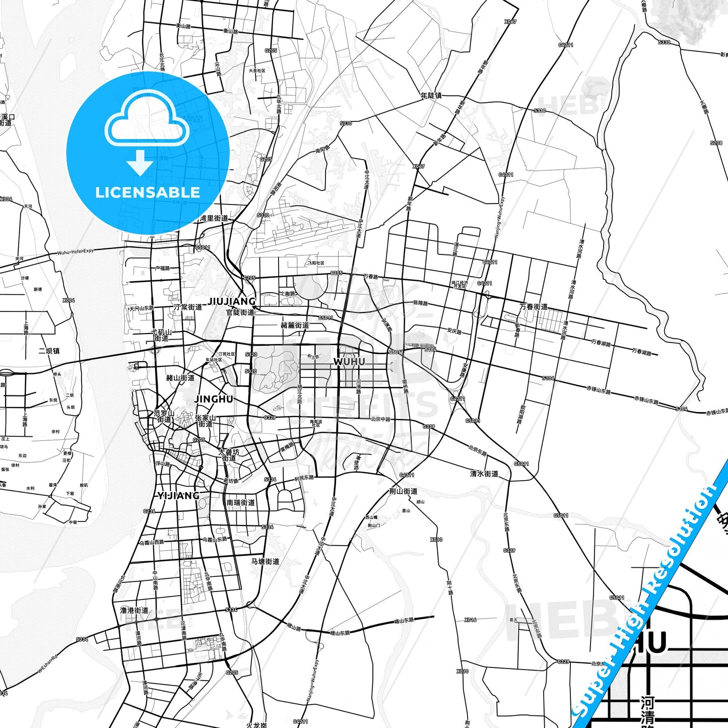 Wuhu, China light map with streetnames, citynames and districts