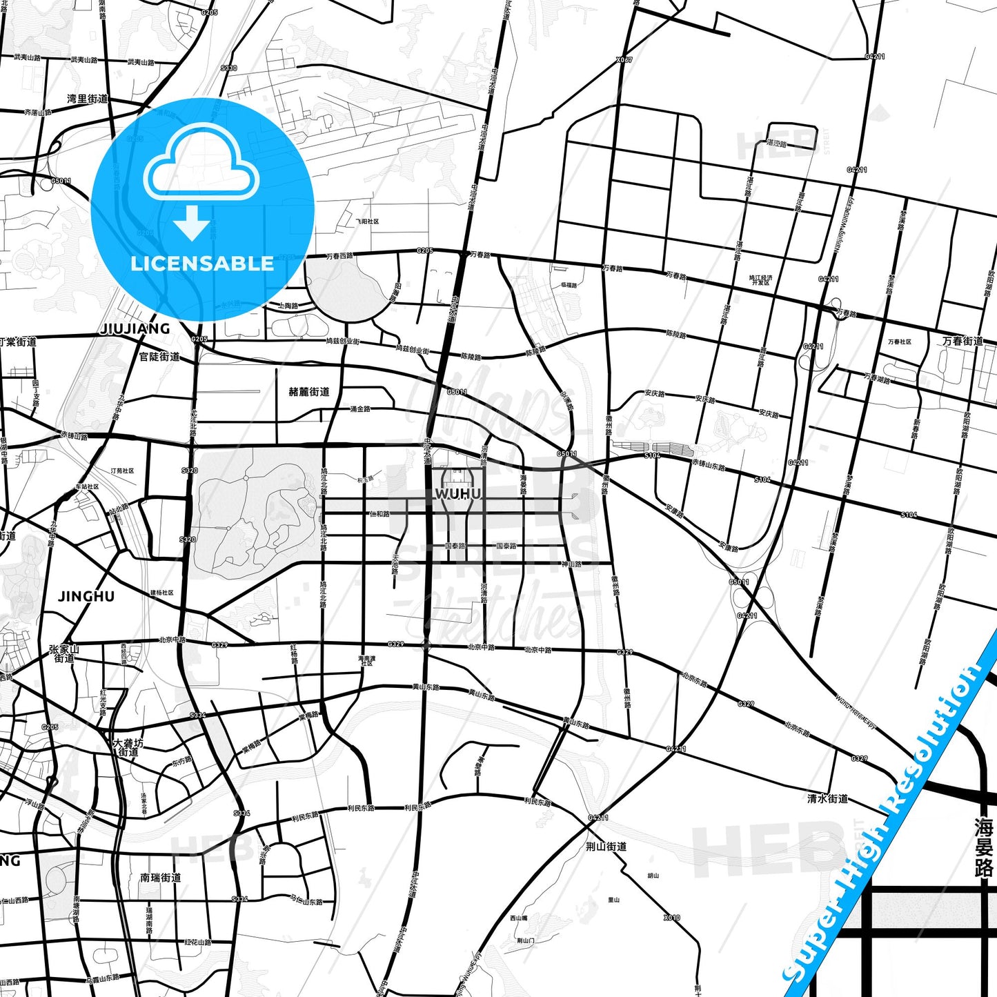 Wuhu, China Light Map with Street Names, City Names, and Districts