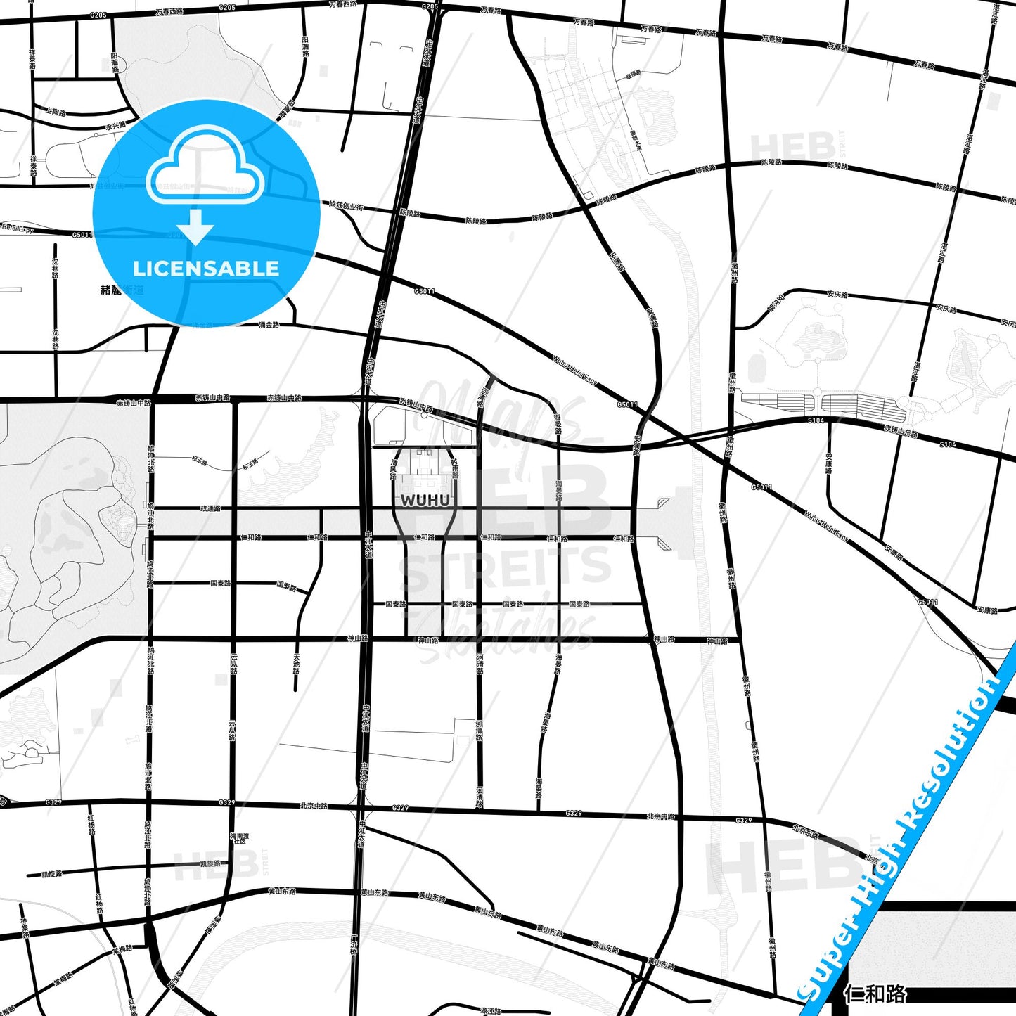 Wuhu, China Light Map with Street Names, City Names, and Districts