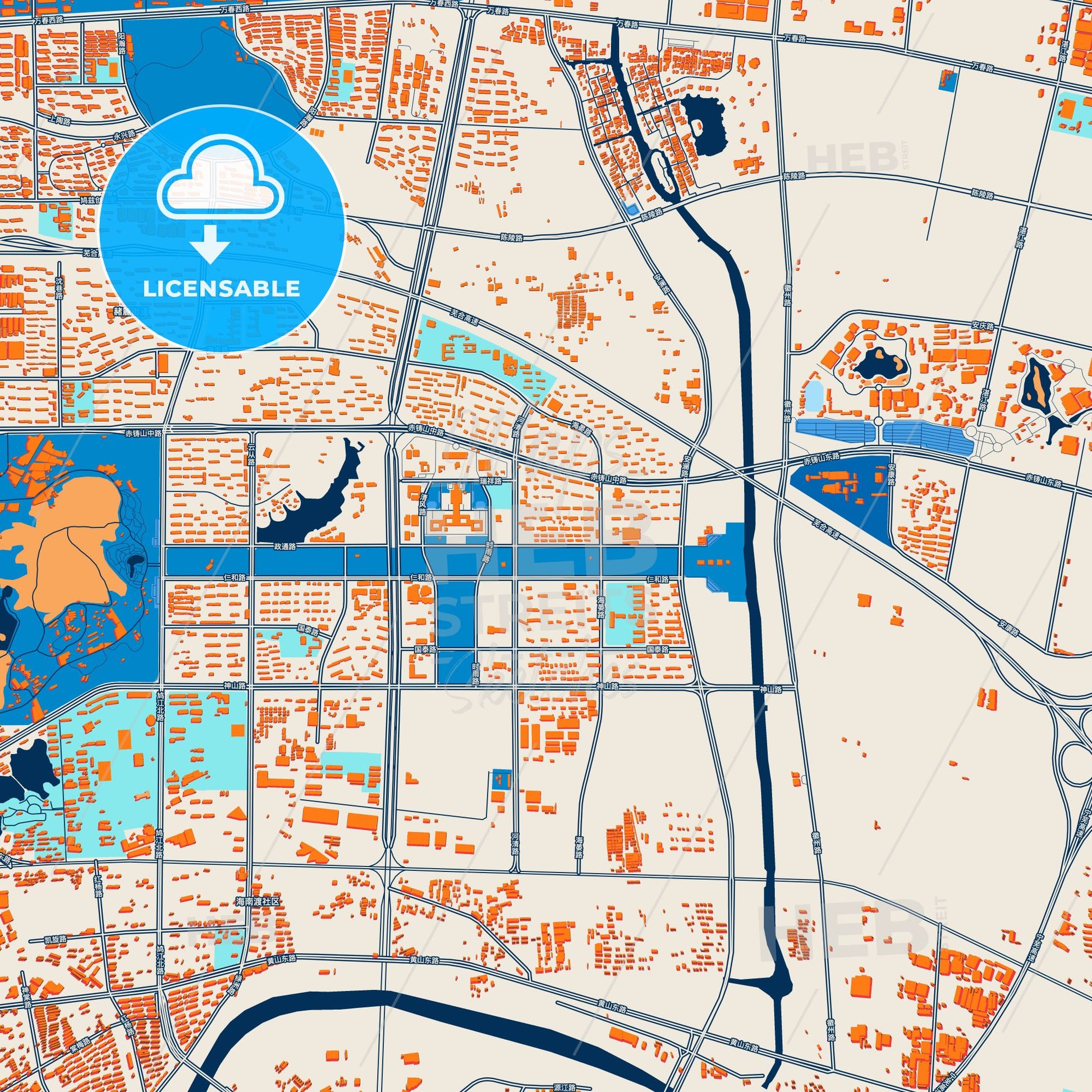Colorful Wuhu Street Map with Labels and Buildings