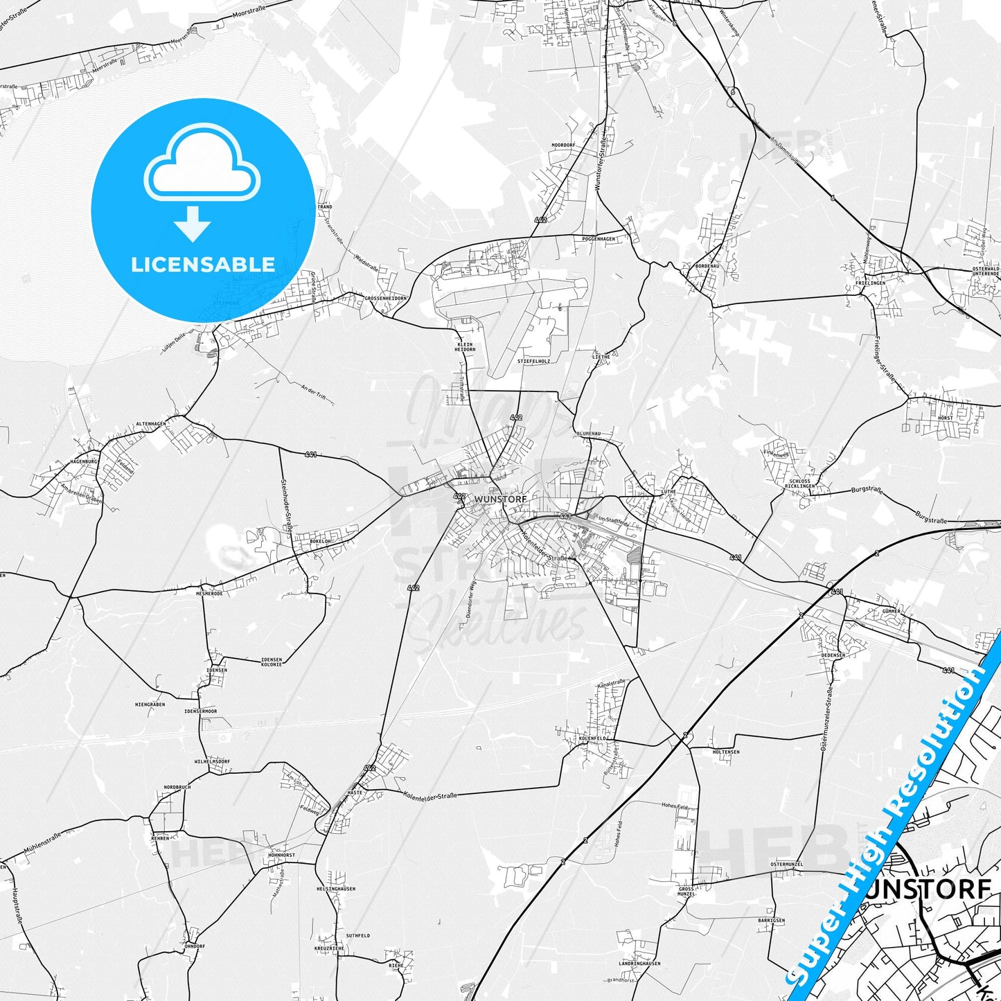 Wunstorf, Germany light map with streetnames, citynames and districts