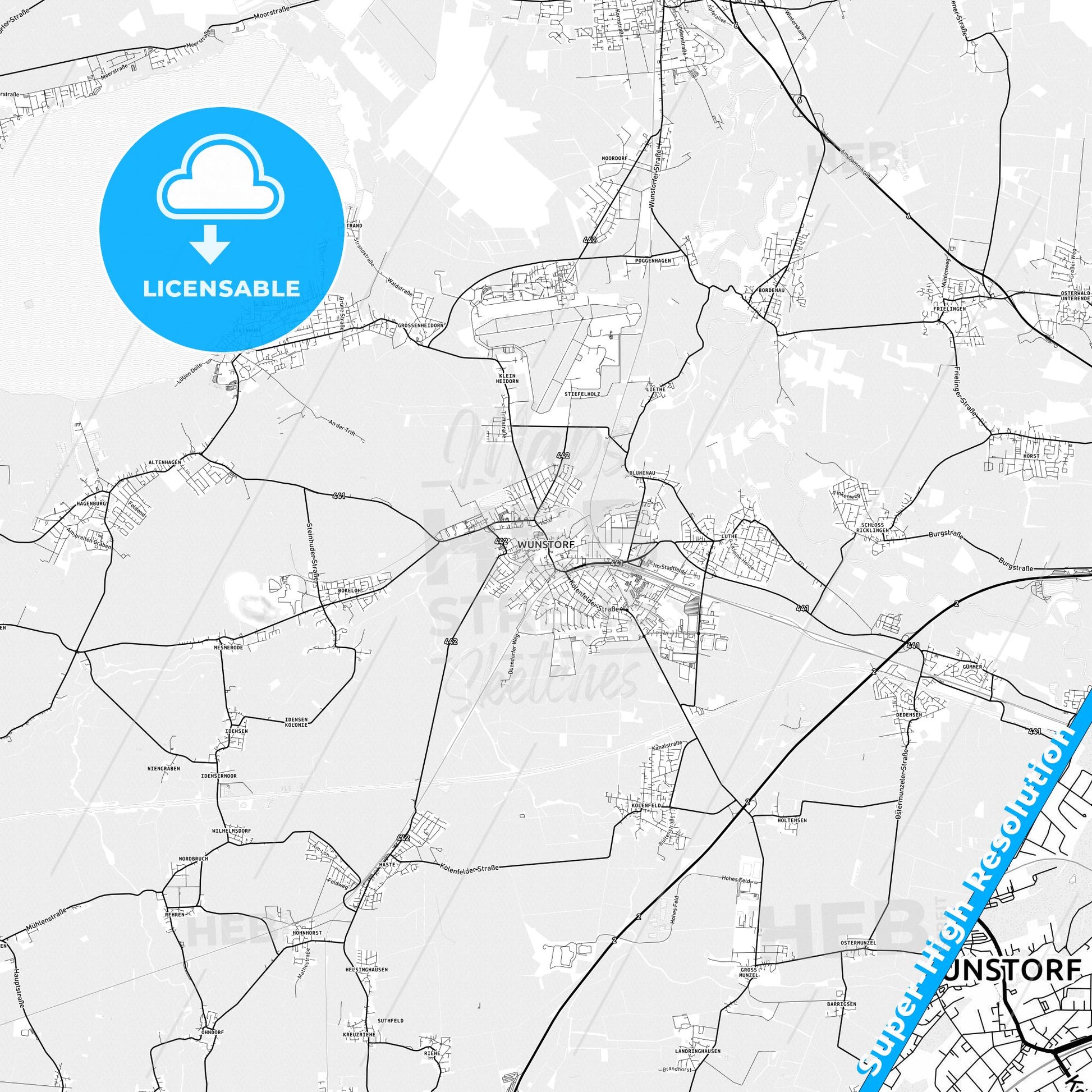 Wunstorf, Germany light map with streetnames, citynames and districts