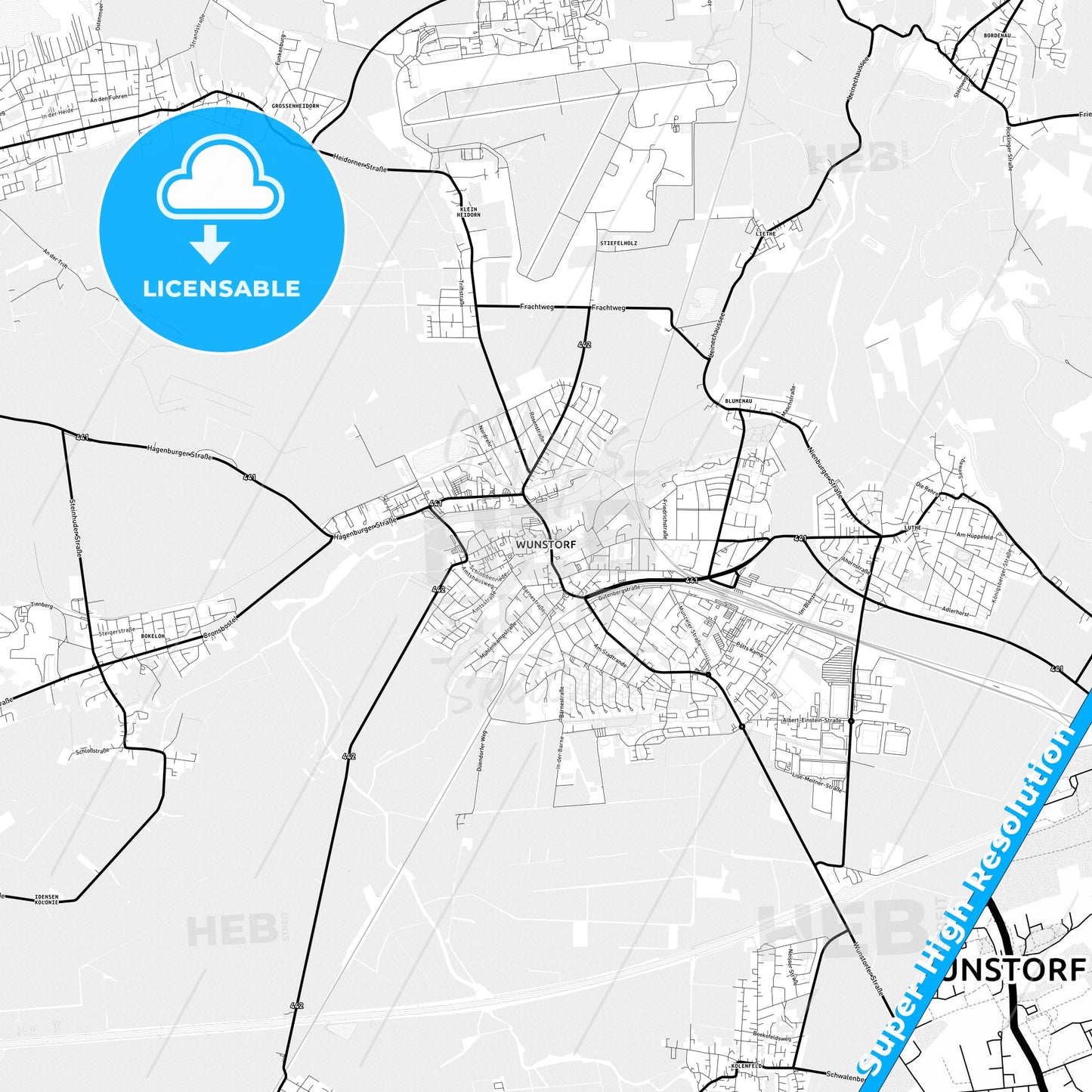 Wunstorf, Germany Light Map with Street Names, City Names, and Districts