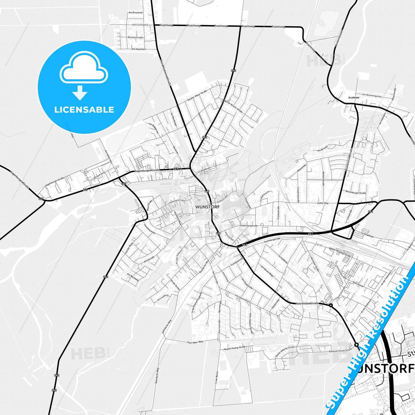 Wunstorf, Germany Light Map with Street Names, City Names, and Districts