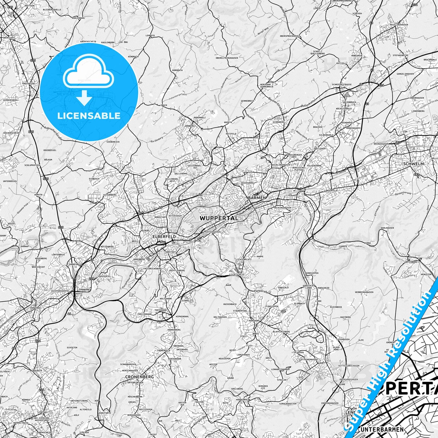 Wuppertal, Germany light map with streetnames, citynames and districts