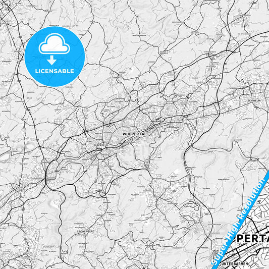 Wuppertal, Germany light map with streetnames, citynames and districts