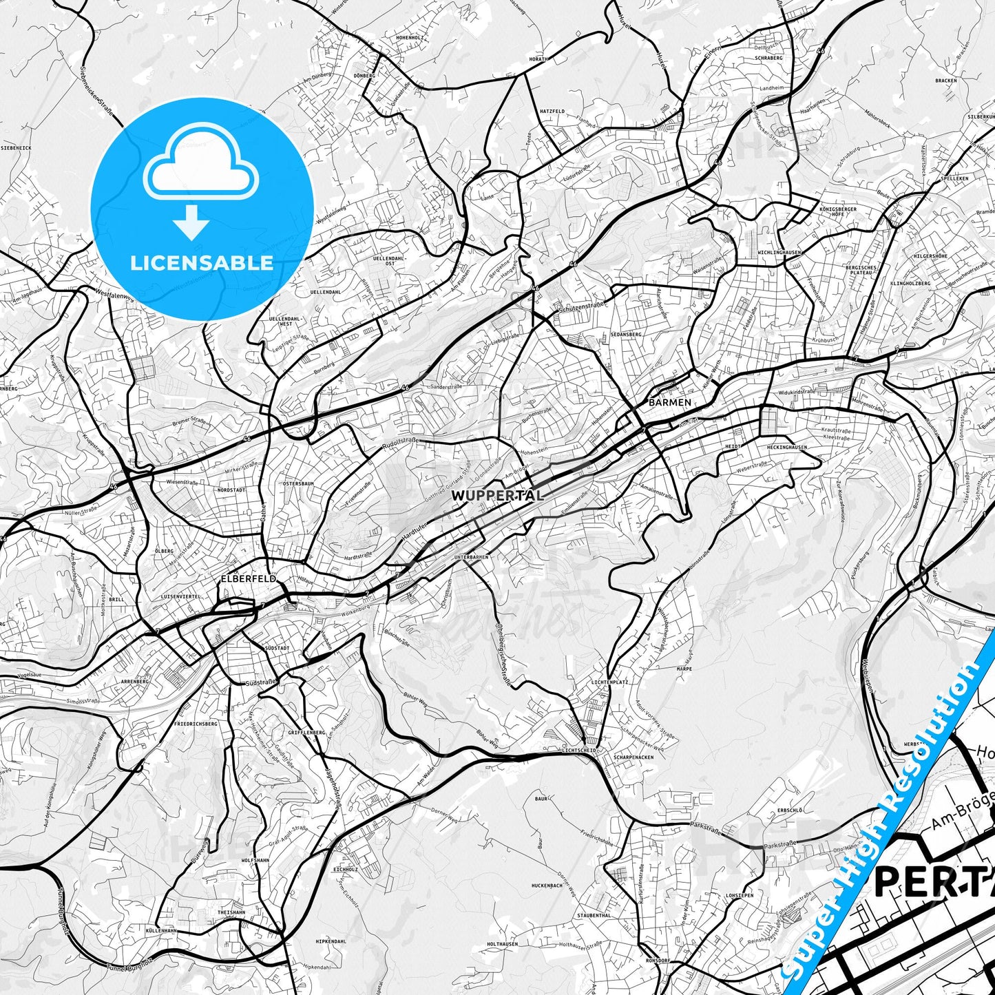 Wuppertal, Germany Light Map with Street Names, City Names, and Districts