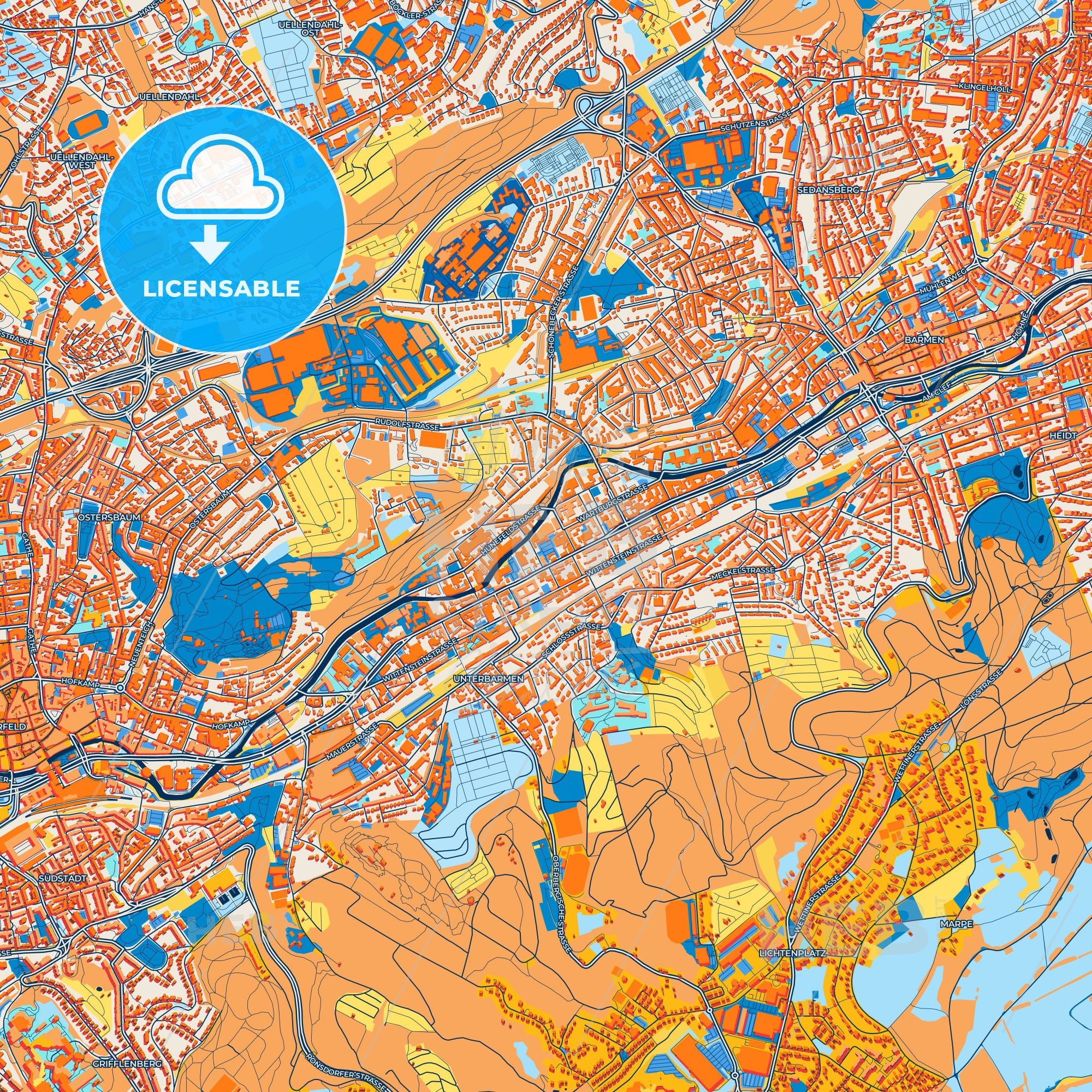 Colorful Wuppertal Street Map With Labels And Buildings – HEBSTREITS