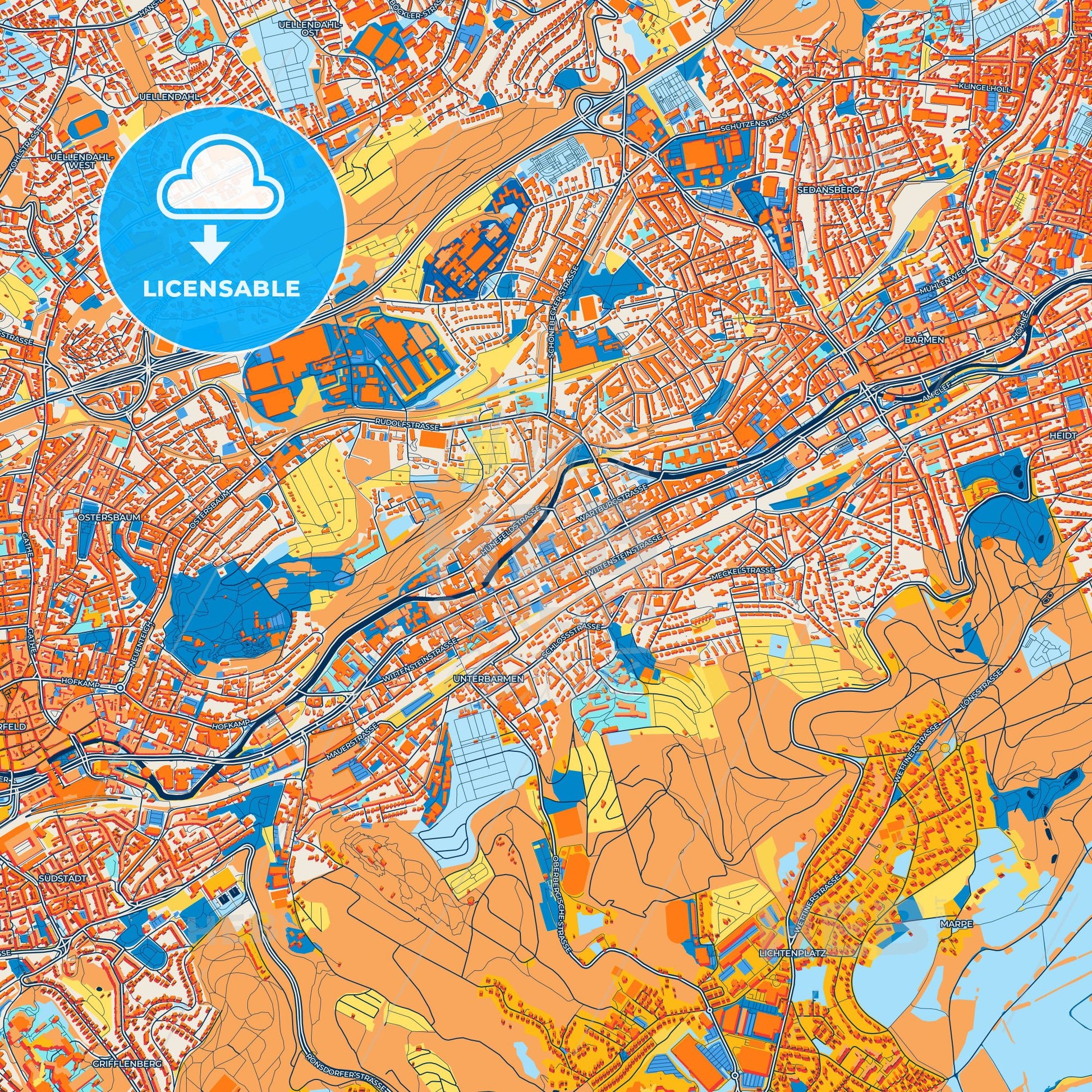 Colorful Wuppertal Street Map with Labels and Buildings
