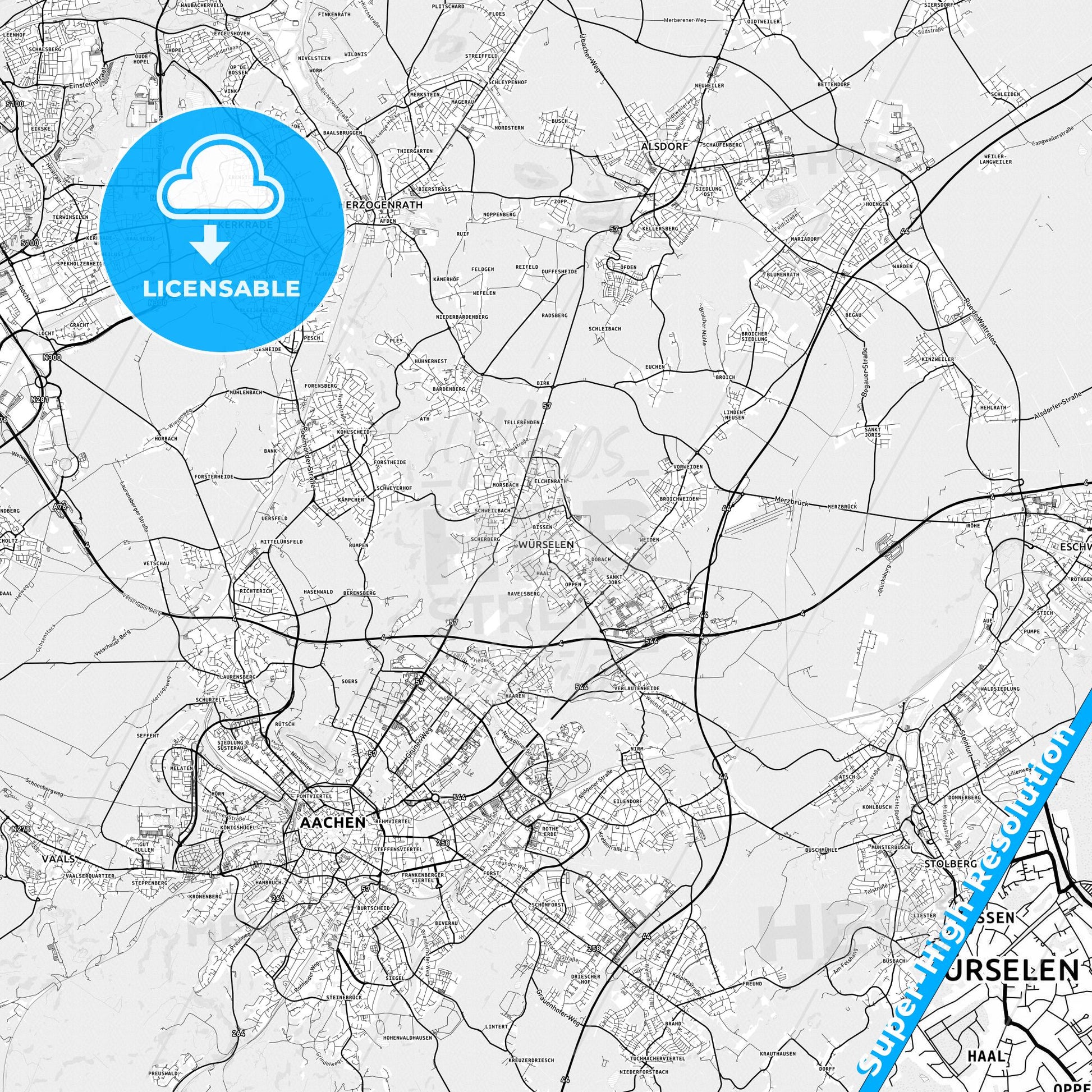 Wurselen, Germany light map with streetnames, citynames and districts