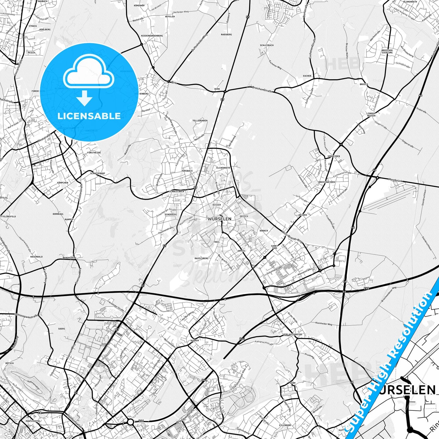 Wurselen, Germany Light Map with Street Names, City Names, and Districts