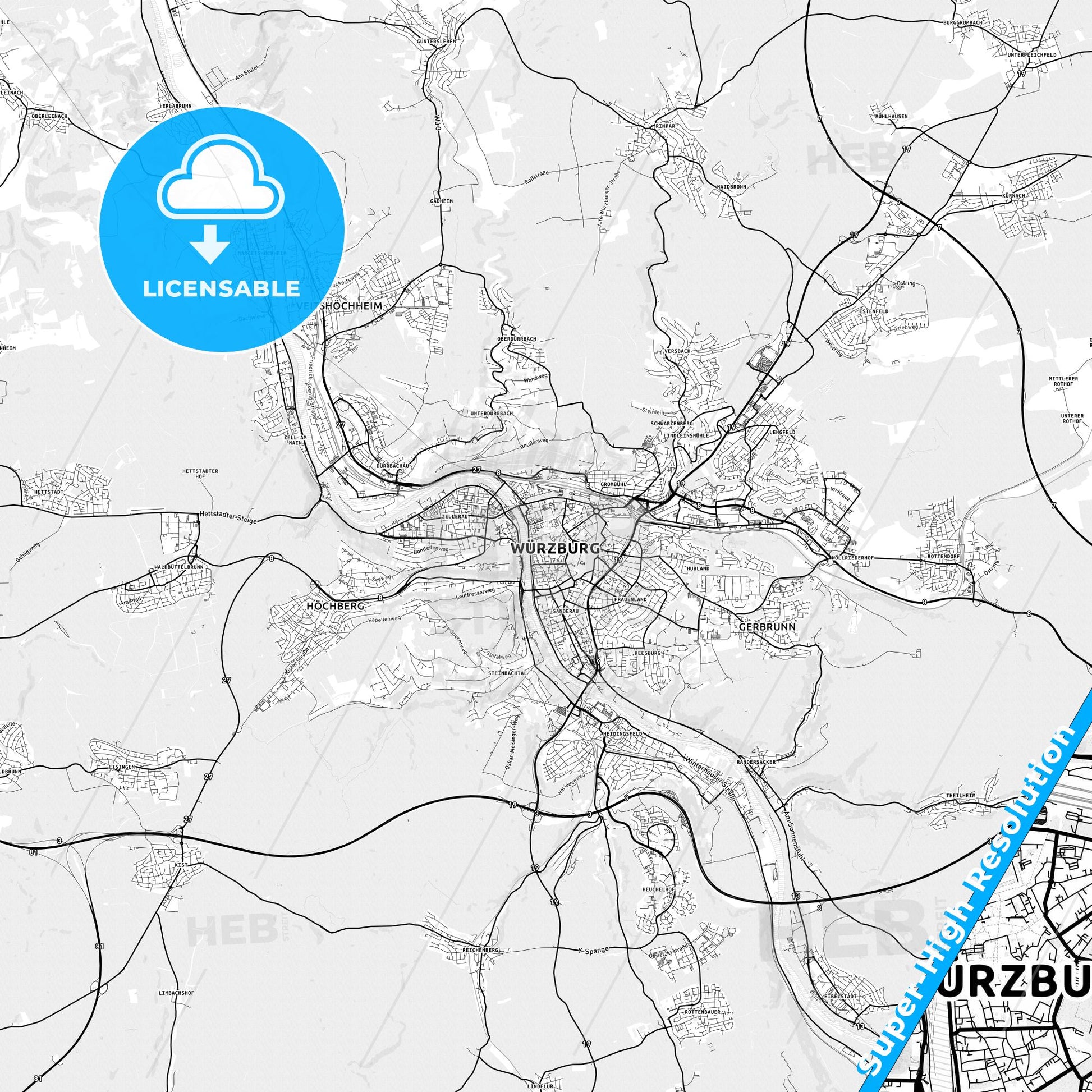 Wurzburg, Germany light map with streetnames, citynames and districts