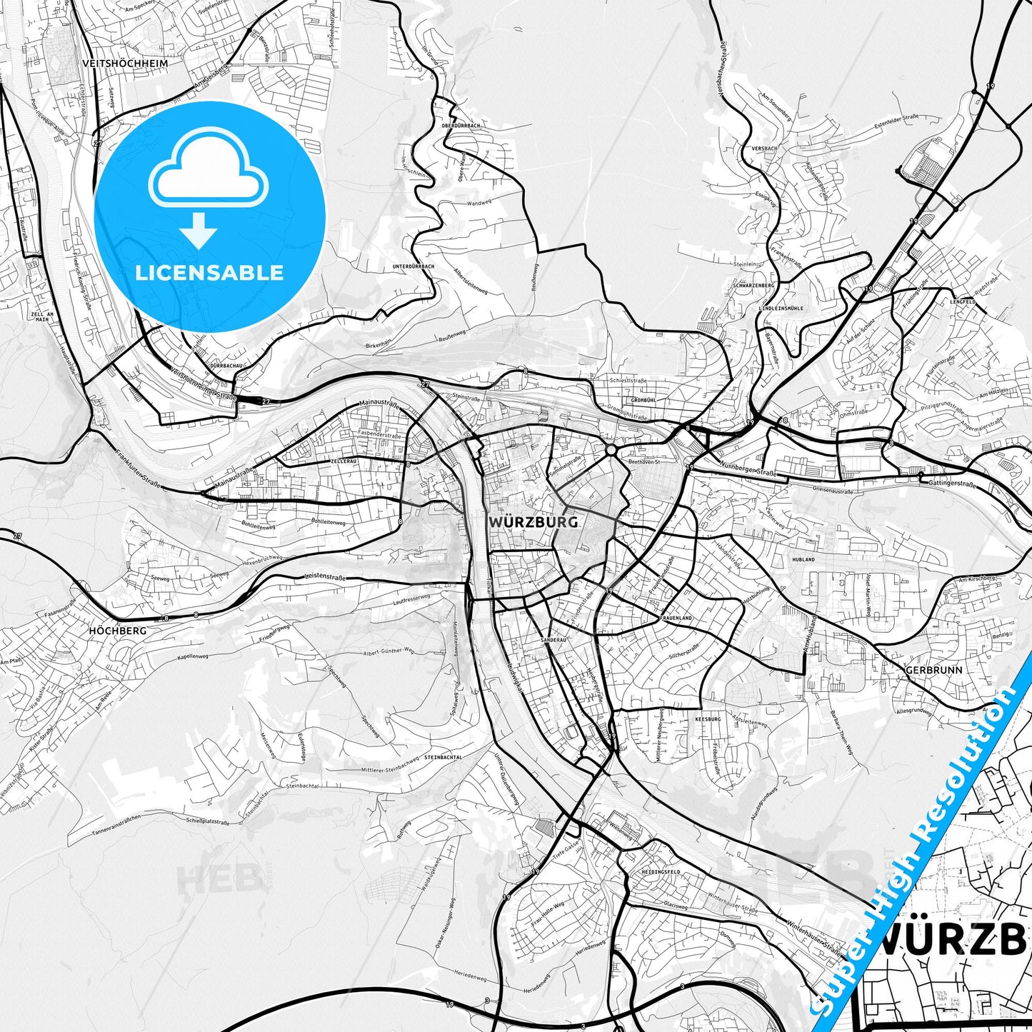 Wurzburg, Germany Light Map with Street Names, City Names, and Districts