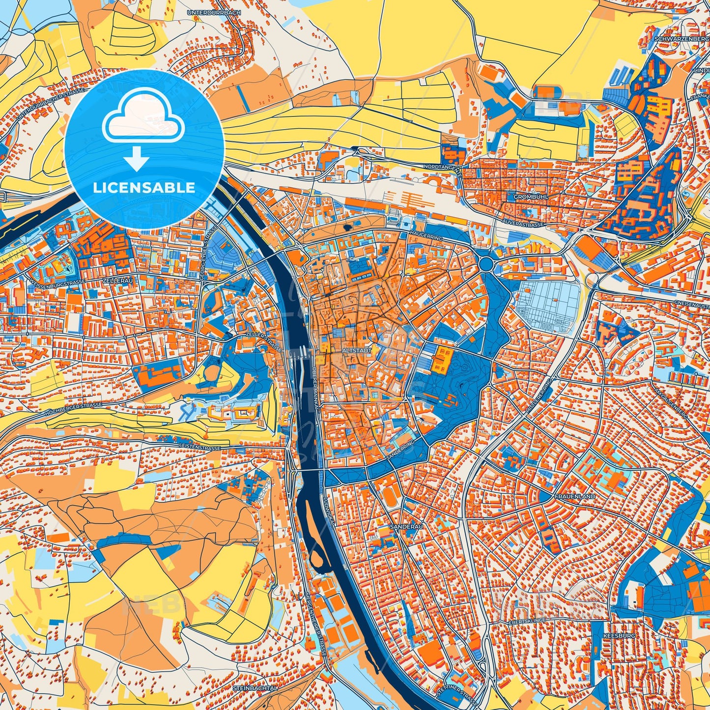 Colorful Wurzburg Street Map with Labels and Buildings
