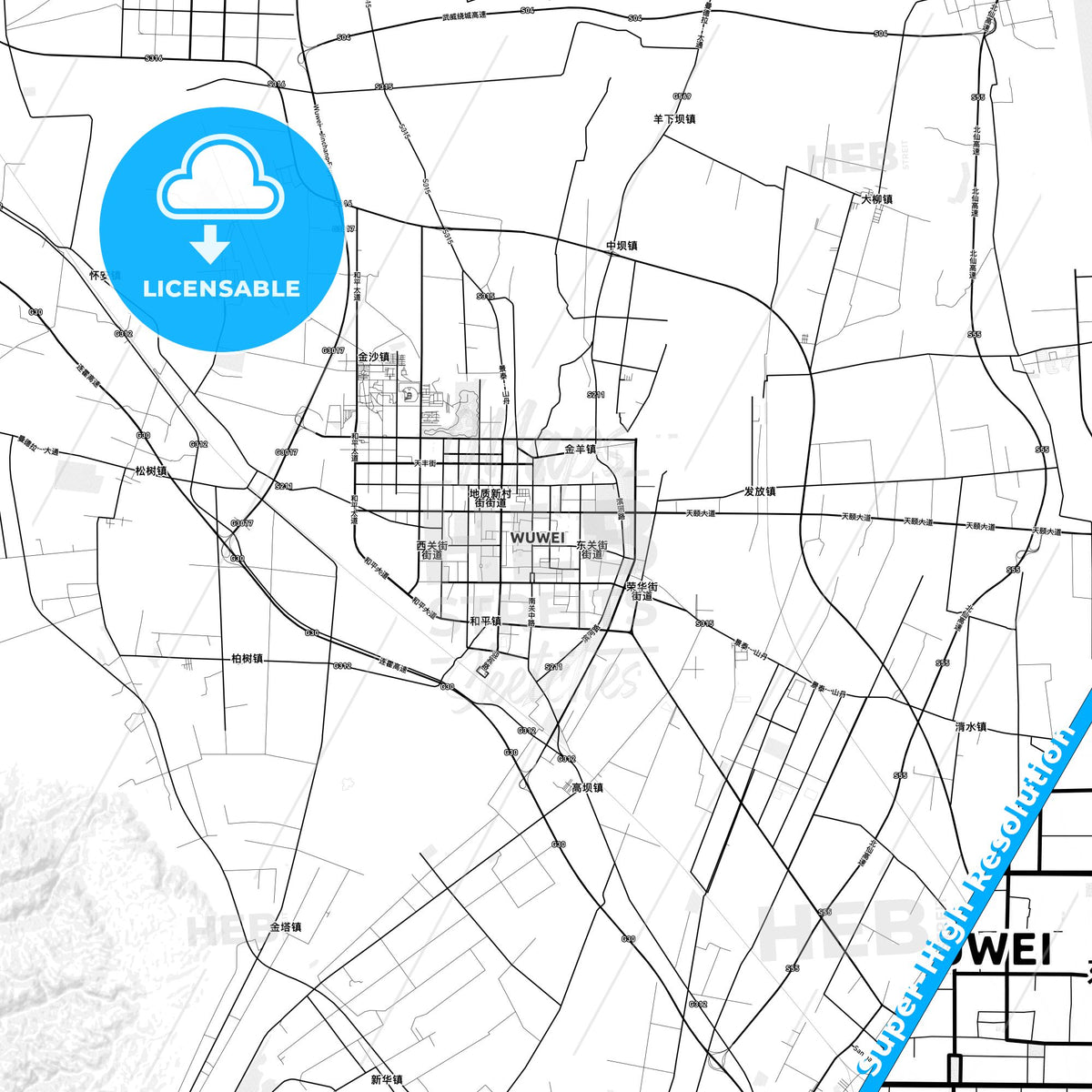 Wuwei, China light map with streetnames, citynames and districts