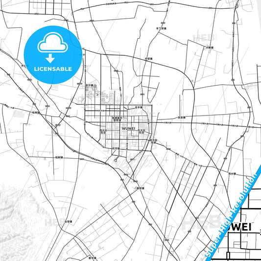 Wuwei, China light map with streetnames, citynames and districts