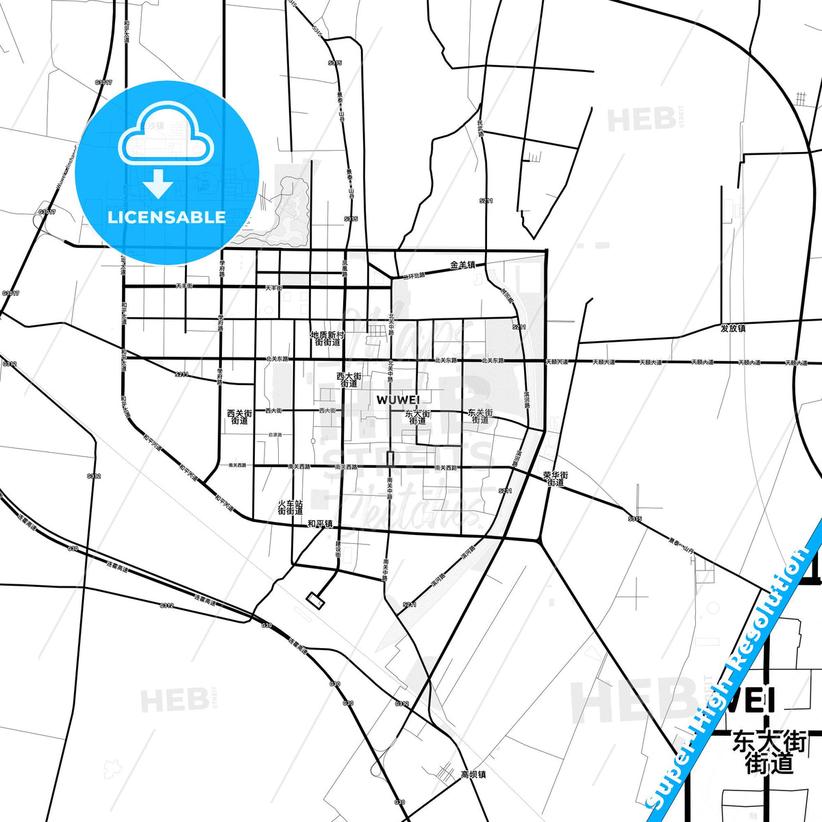 Wuwei, China Light Map with Street Names, City Names, and Districts