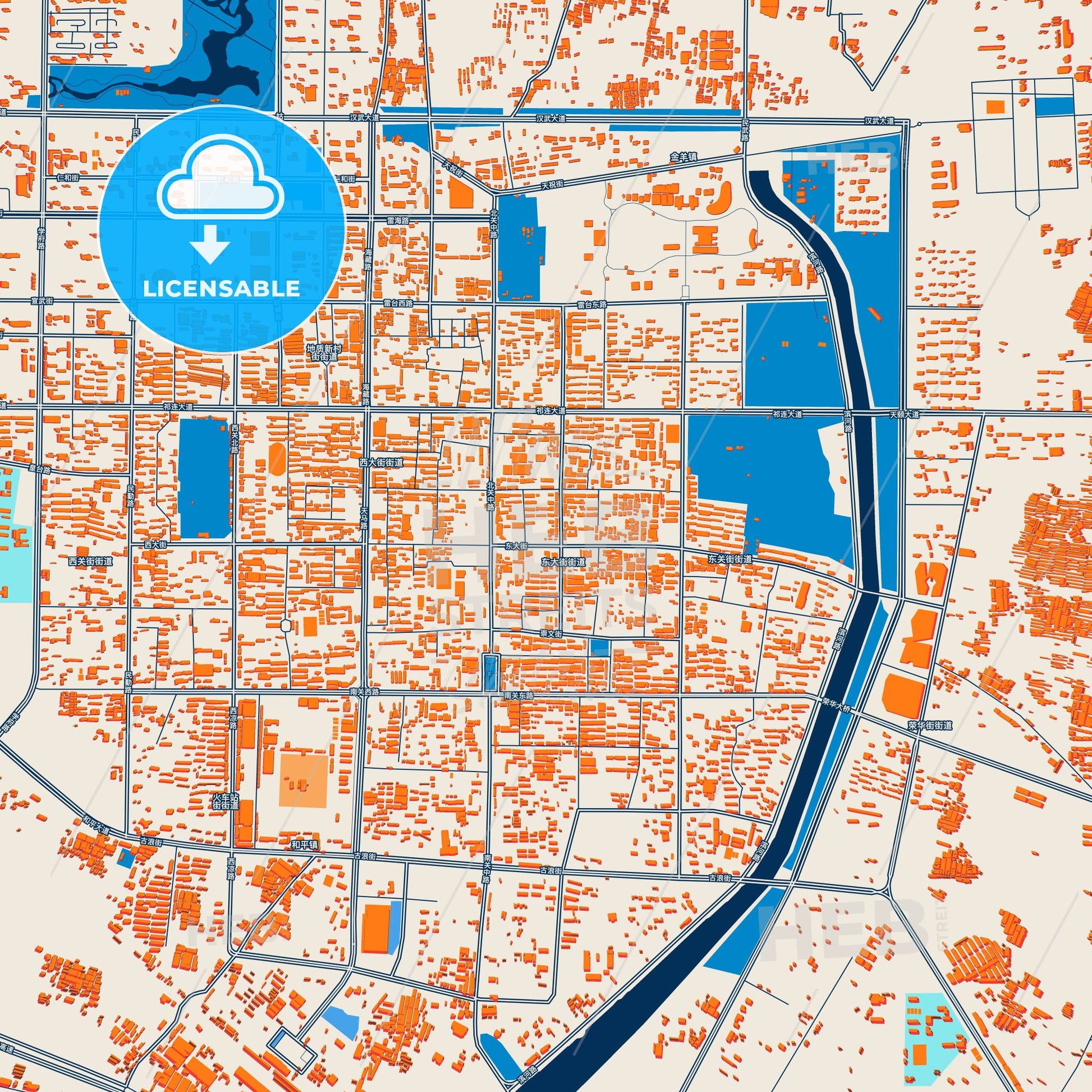 Colorful Wuwei Street Map with Labels and Buildings