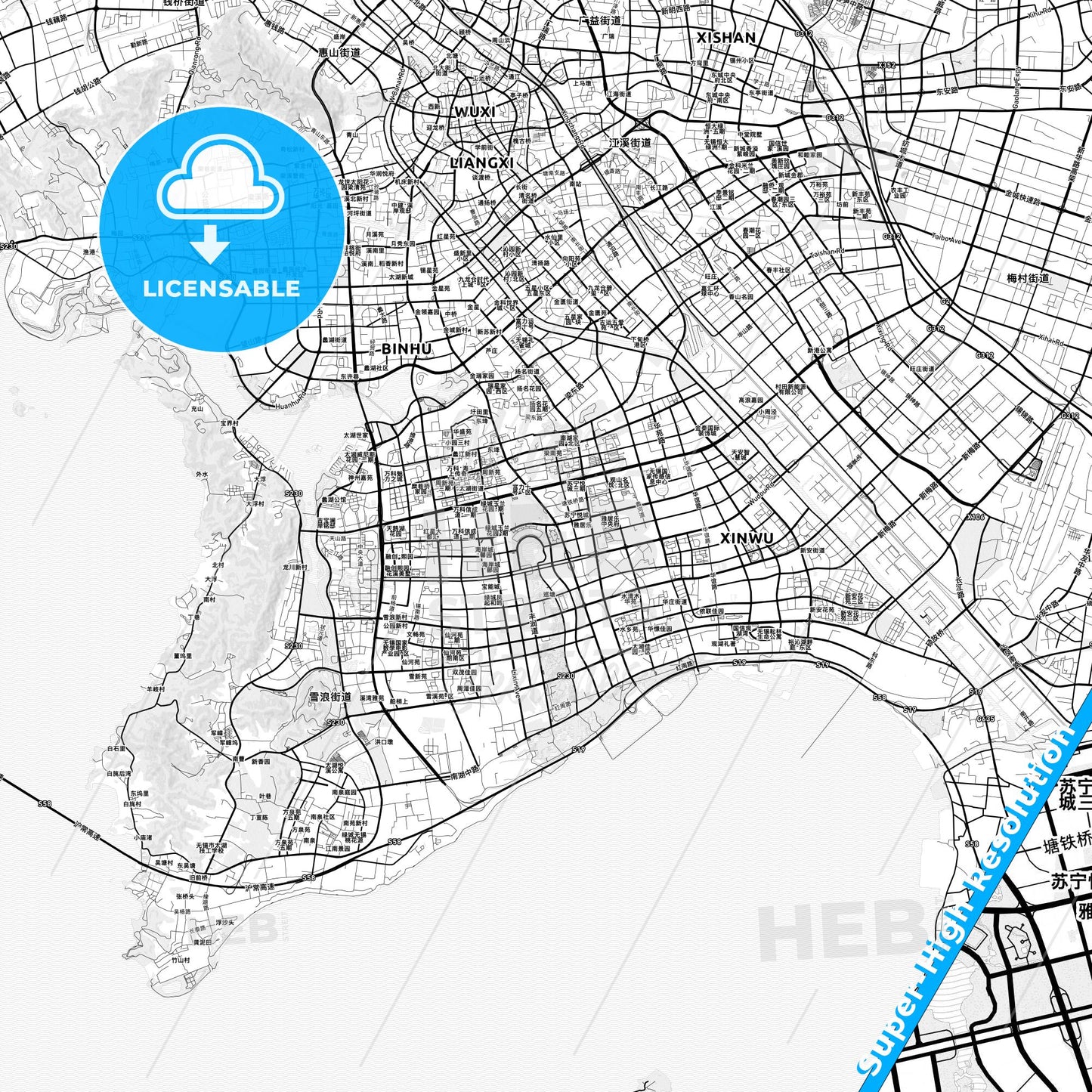 Wuxi, China light map with streetnames, citynames and districts