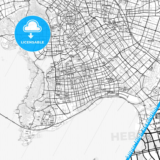 Wuxi, China light map with streetnames, citynames and districts