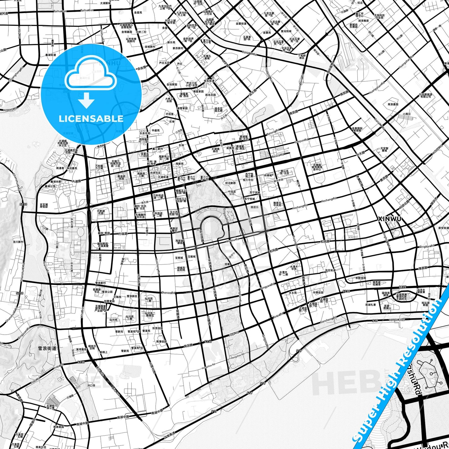 Wuxi, China Light Map with Street Names, City Names, and Districts