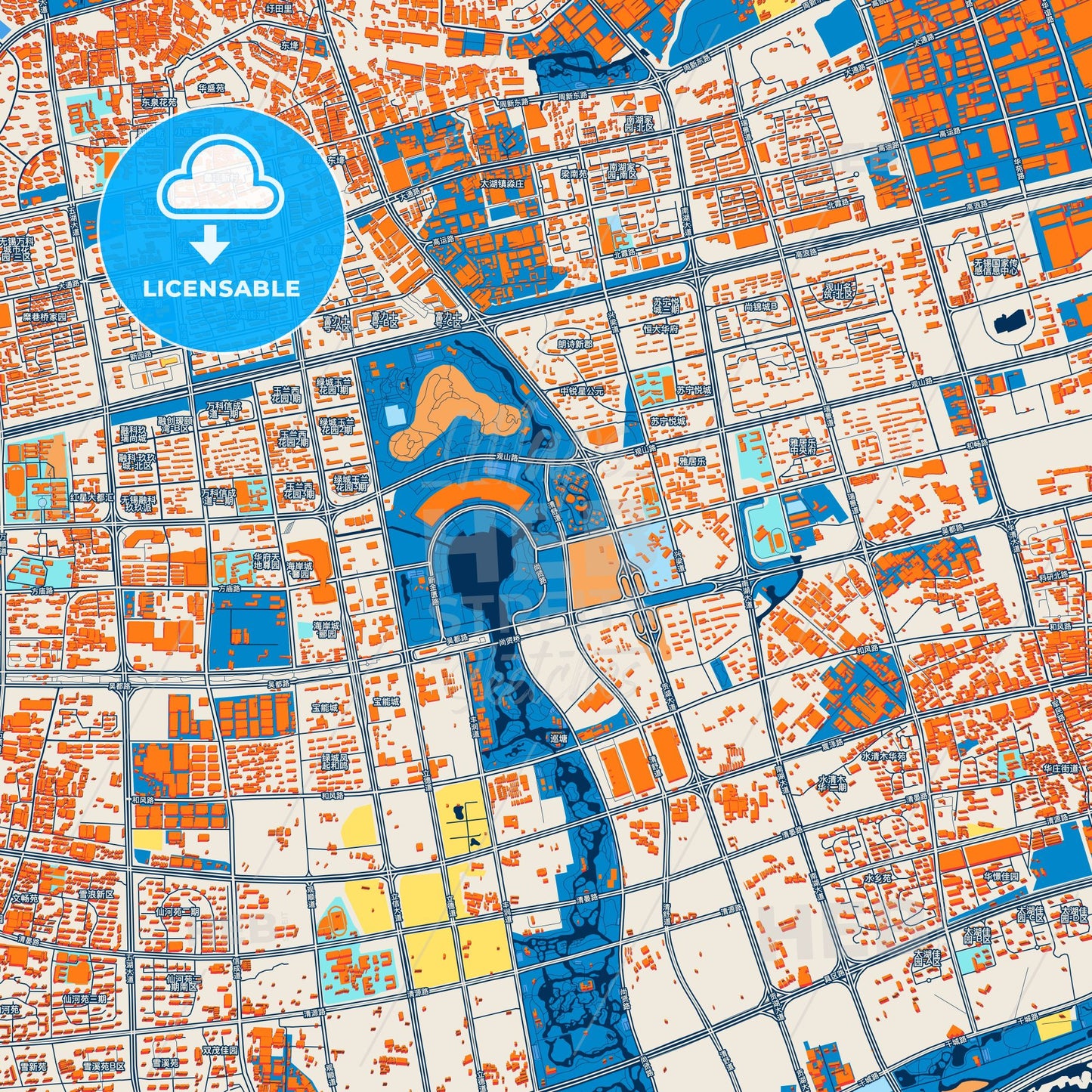 Colorful Wuxi Street Map with Labels and Buildings