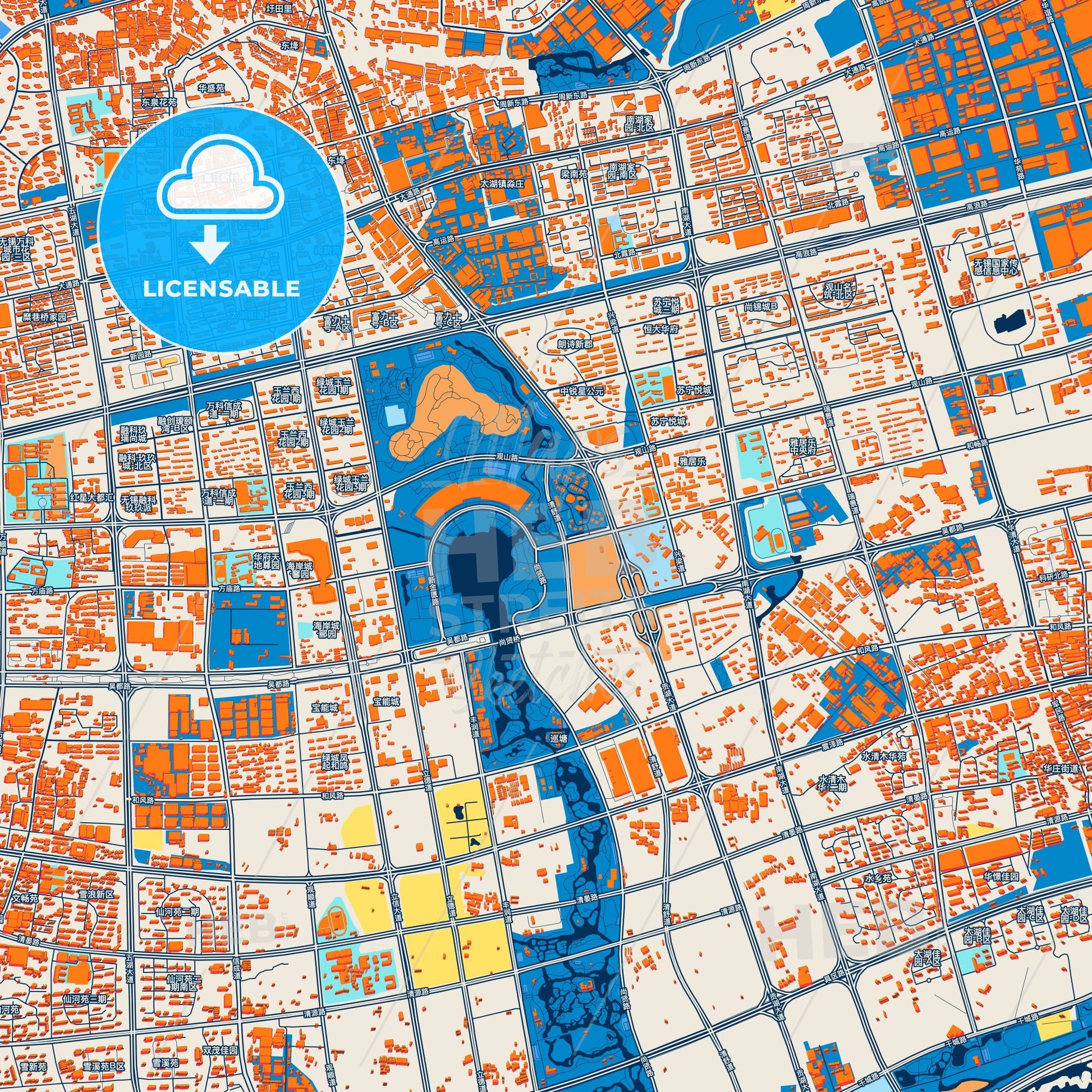 Colorful Wuxi Street Map with Labels and Buildings