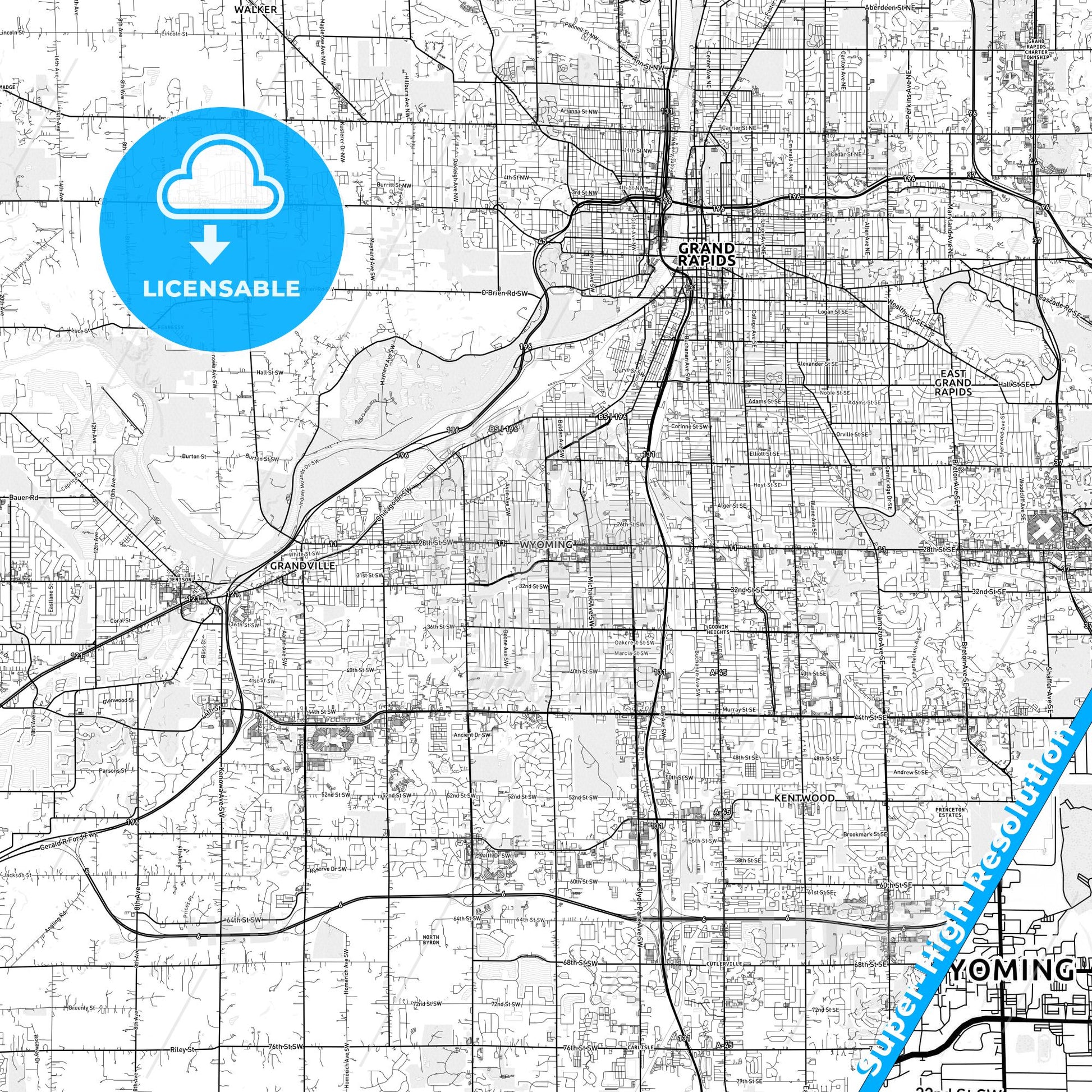 Wyoming, Michigan light map with streetnames, citynames and districts