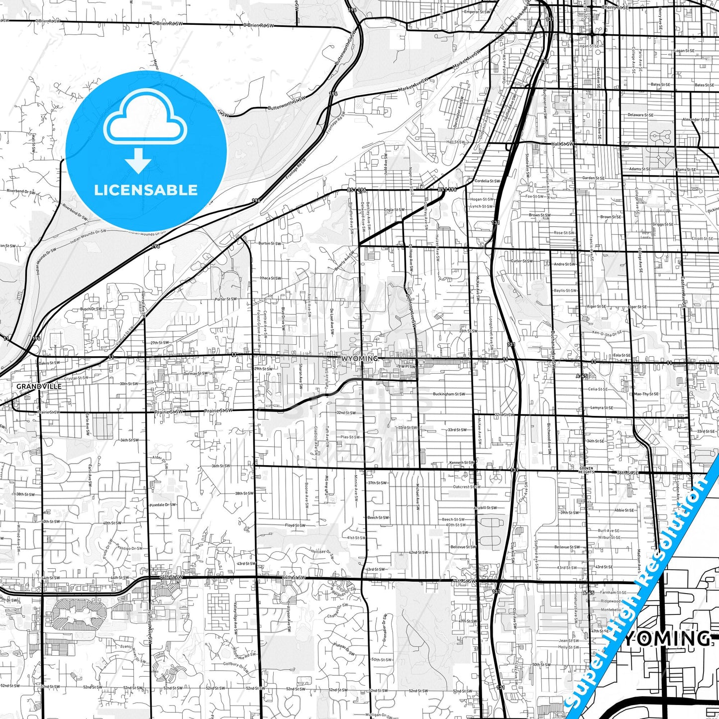 Wyoming, Michigan Light Map with Street Names, City Names, and Districts
