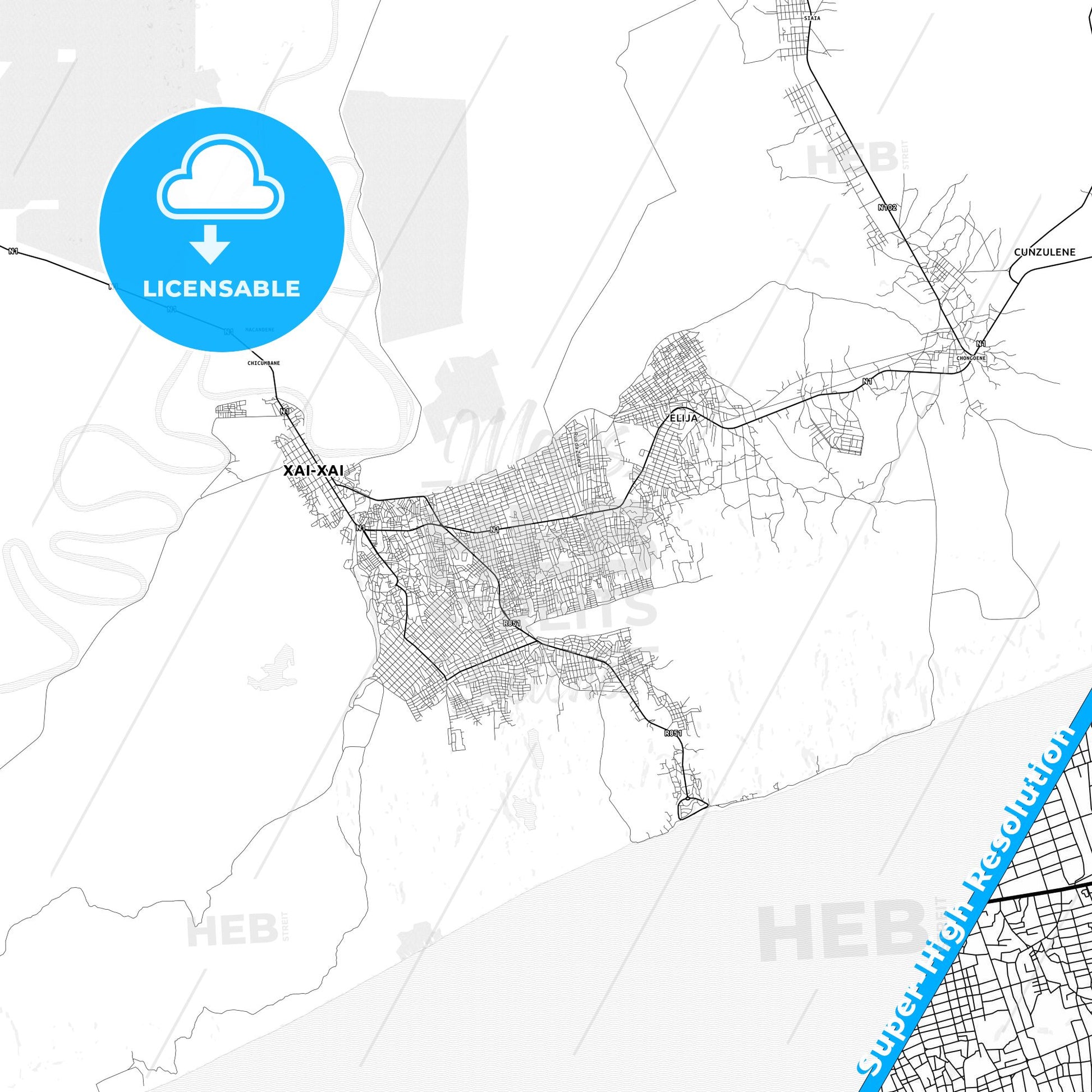 Xai-Xai, Mozambique light map with streetnames, citynames and districts