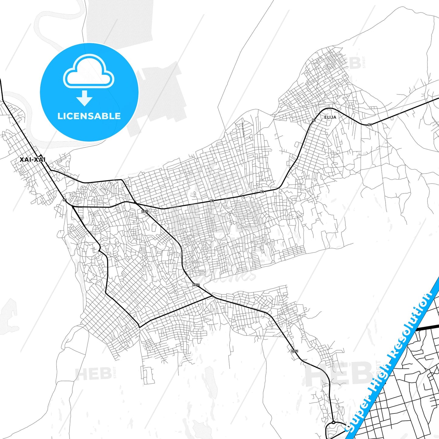 Xai-Xai, Mozambique Light Map with Street Names, City Names, and Districts