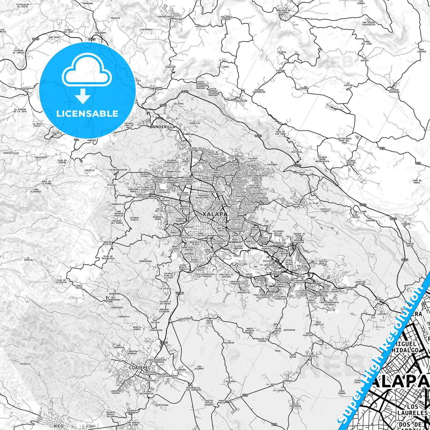 Xalapa, Mexico light map with streetnames, citynames and districts