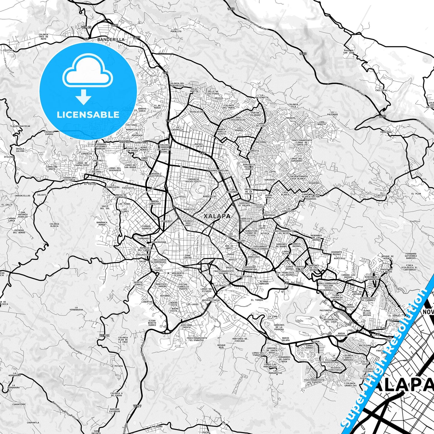 Xalapa, Mexico Light Map with Street Names, City Names, and Districts