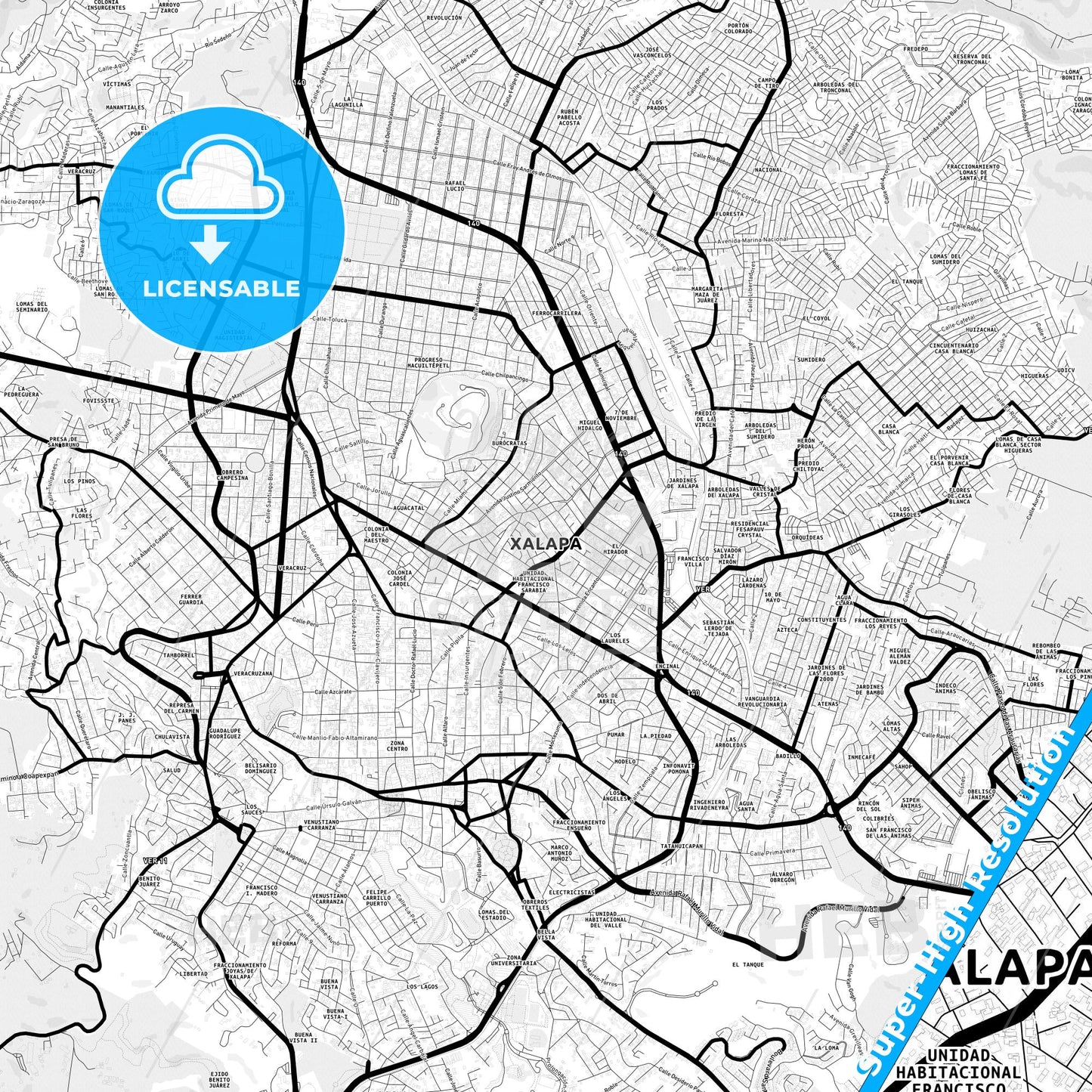 Xalapa, Mexico Light Map with Street Names, City Names, and Districts