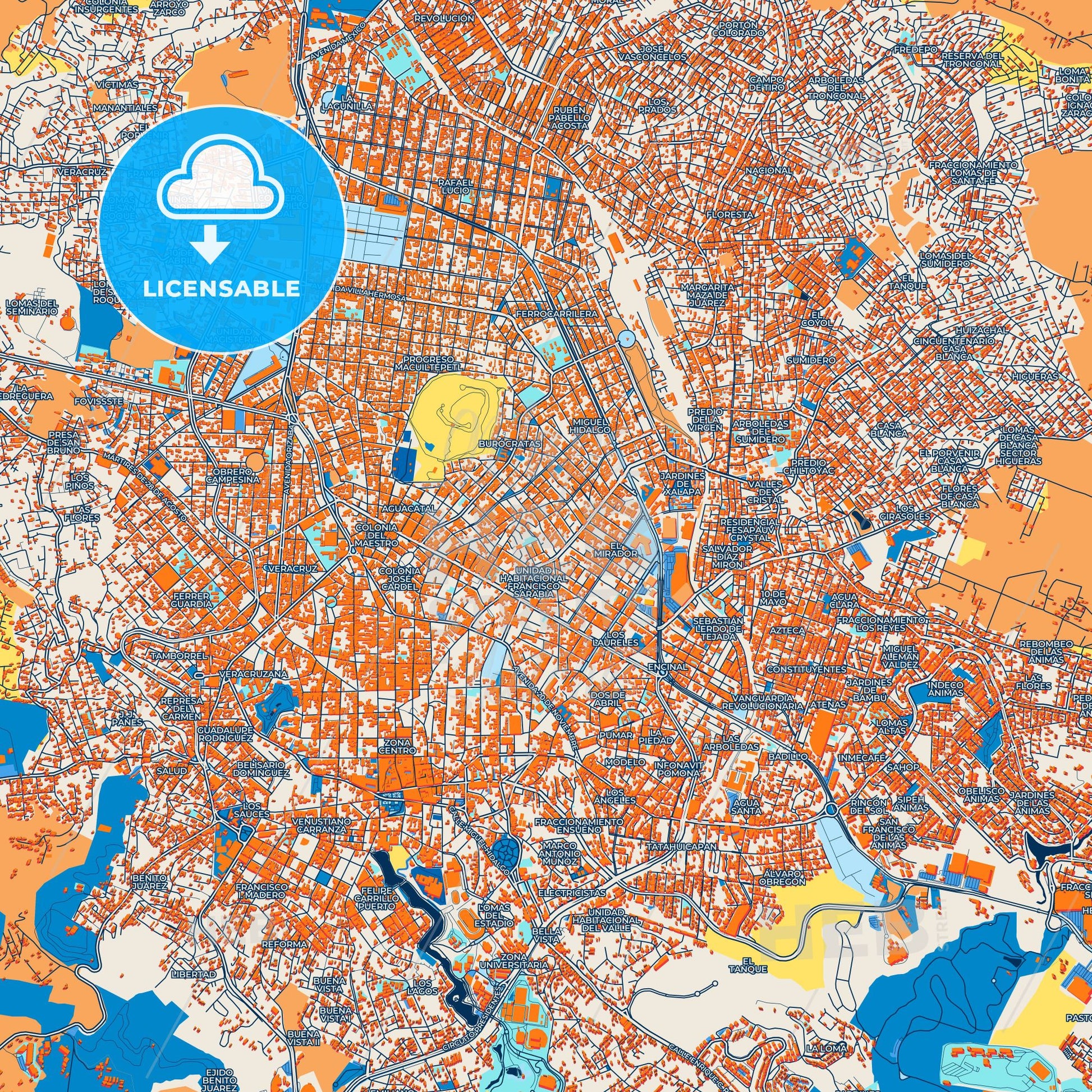 Colorful Xalapa Street Map with Labels and Buildings
