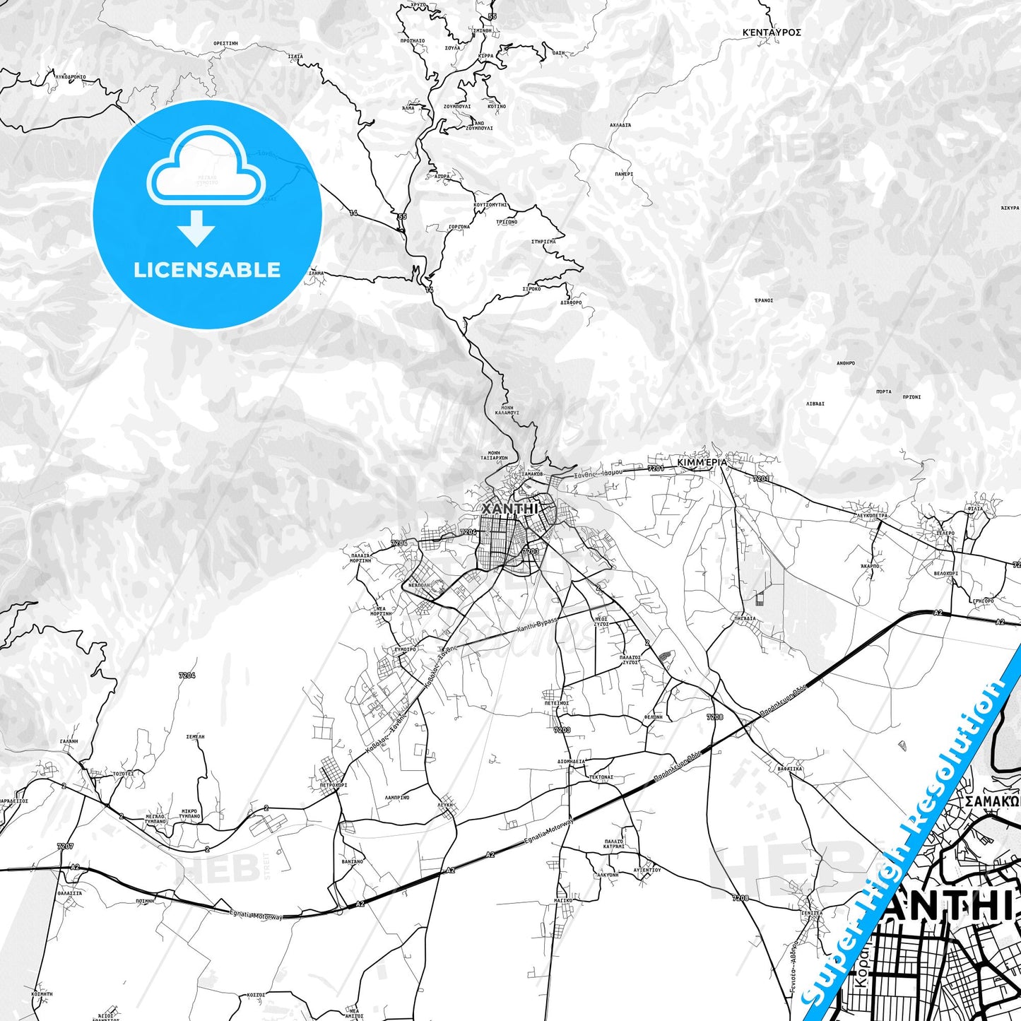 Xanthi, Greece light map with streetnames, citynames and districts
