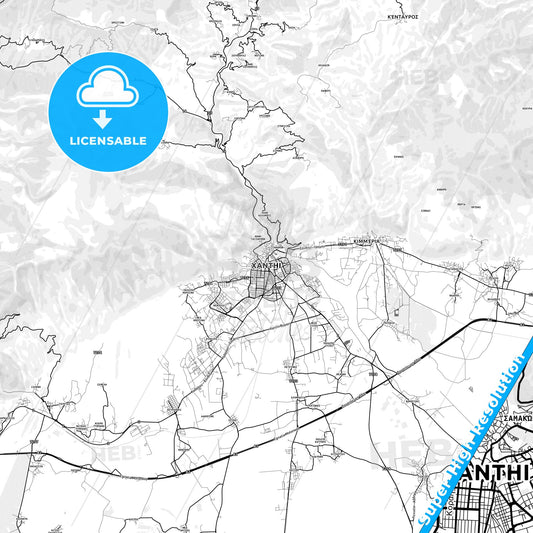 Xanthi, Greece light map with streetnames, citynames and districts