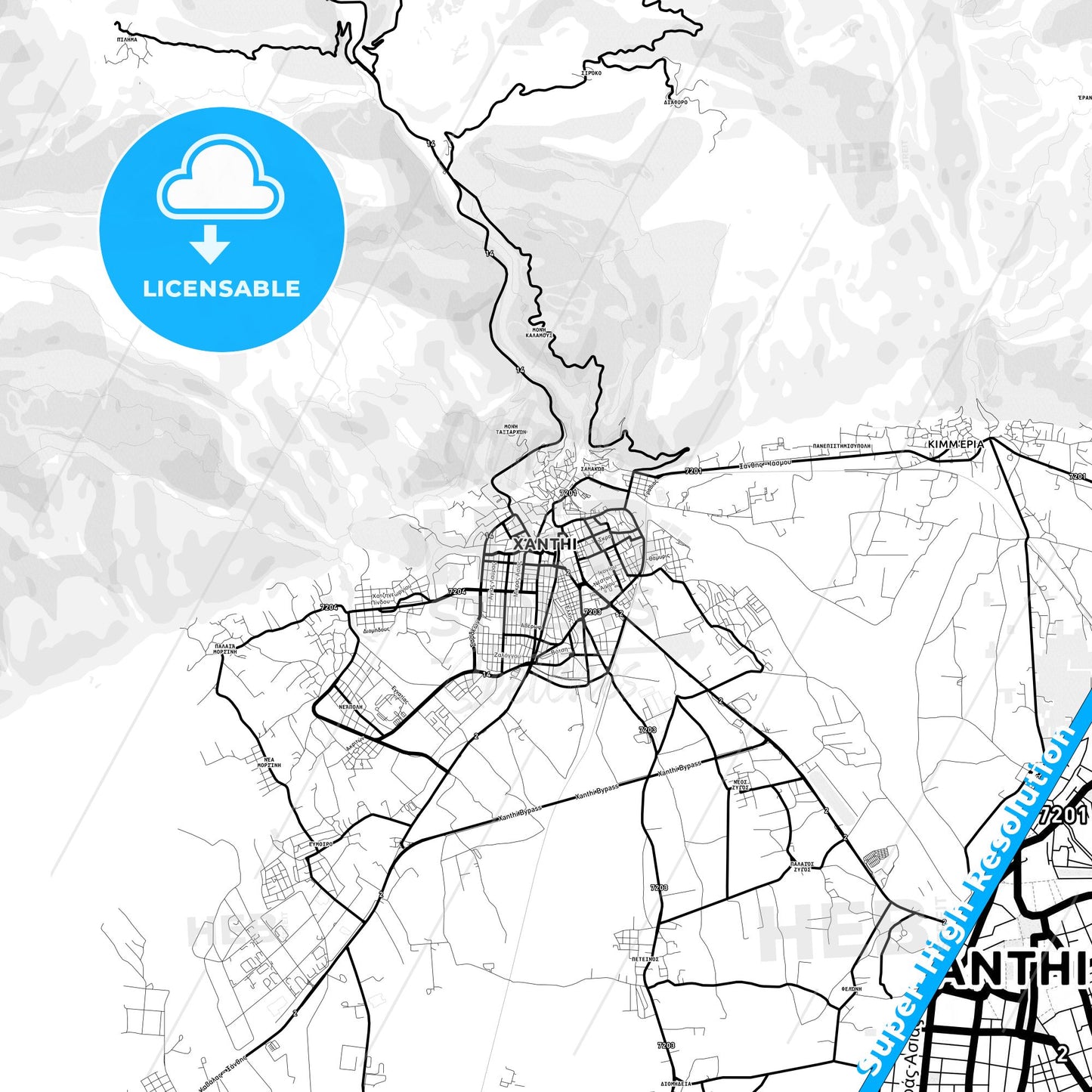Xanthi, Greece Light Map with Street Names, City Names, and Districts