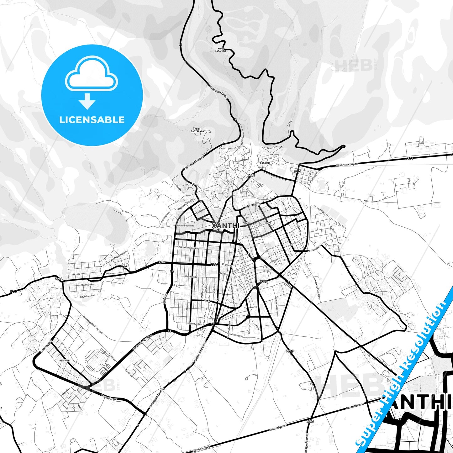 Xanthi, Greece Light Map with Street Names, City Names, and Districts