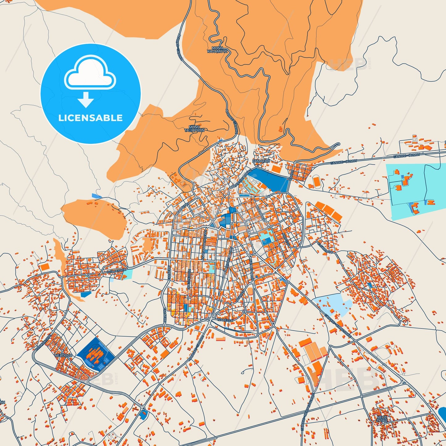 Colorful Xanthi Street Map with Labels and Buildings