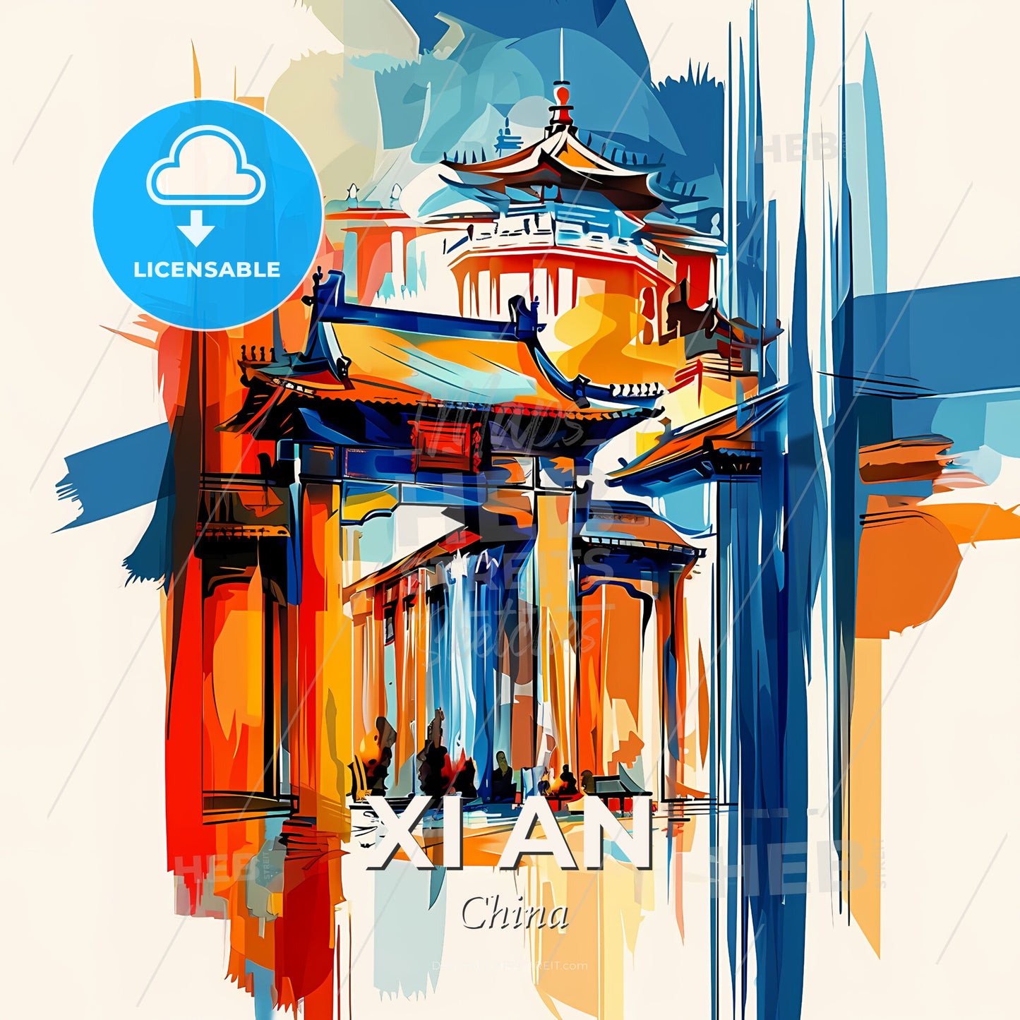 Vibrant Xi An, China - A Painting Of A Building - Square format print template