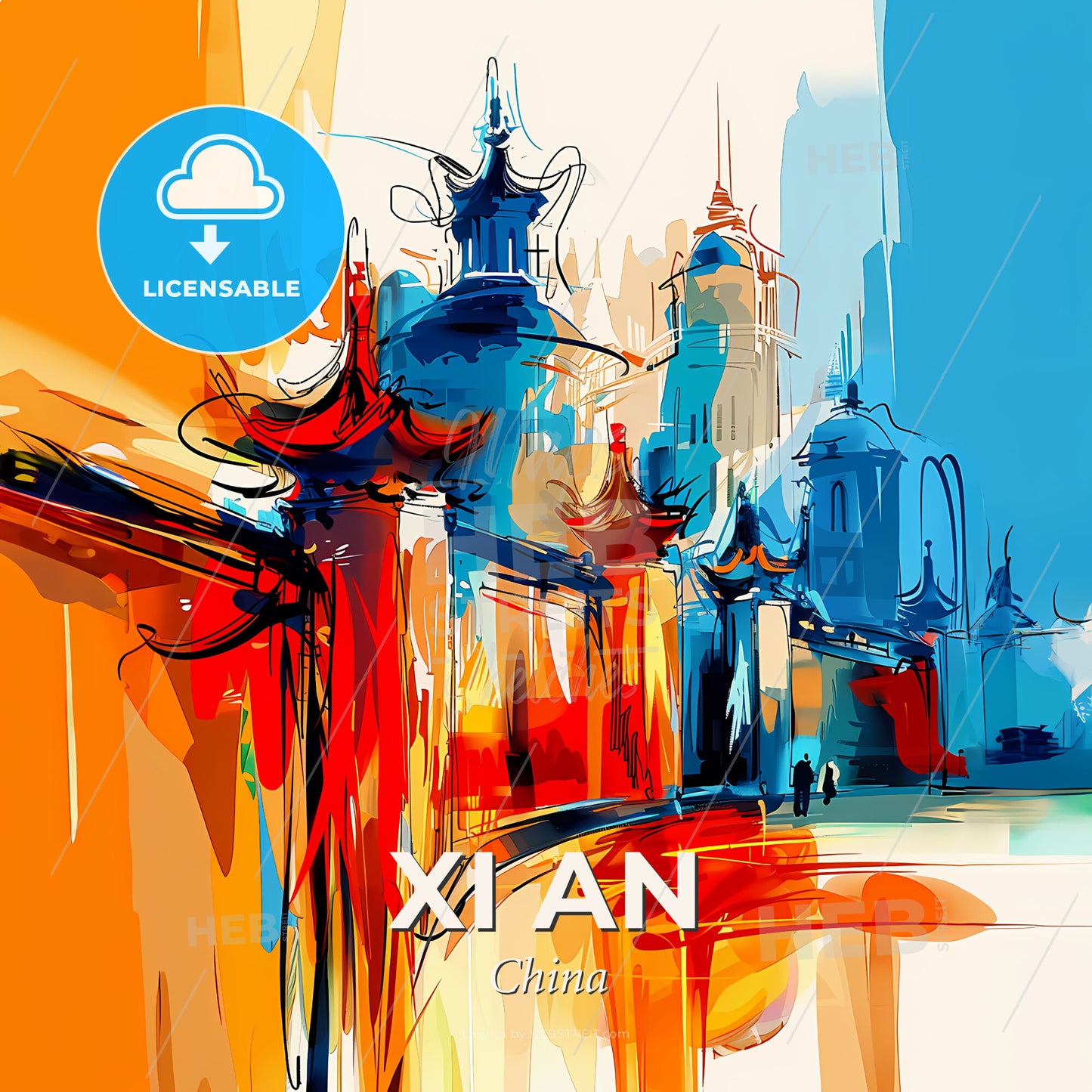 Vibrant Xi An, China - A Colorful Painting Of Buildings - Square format print template