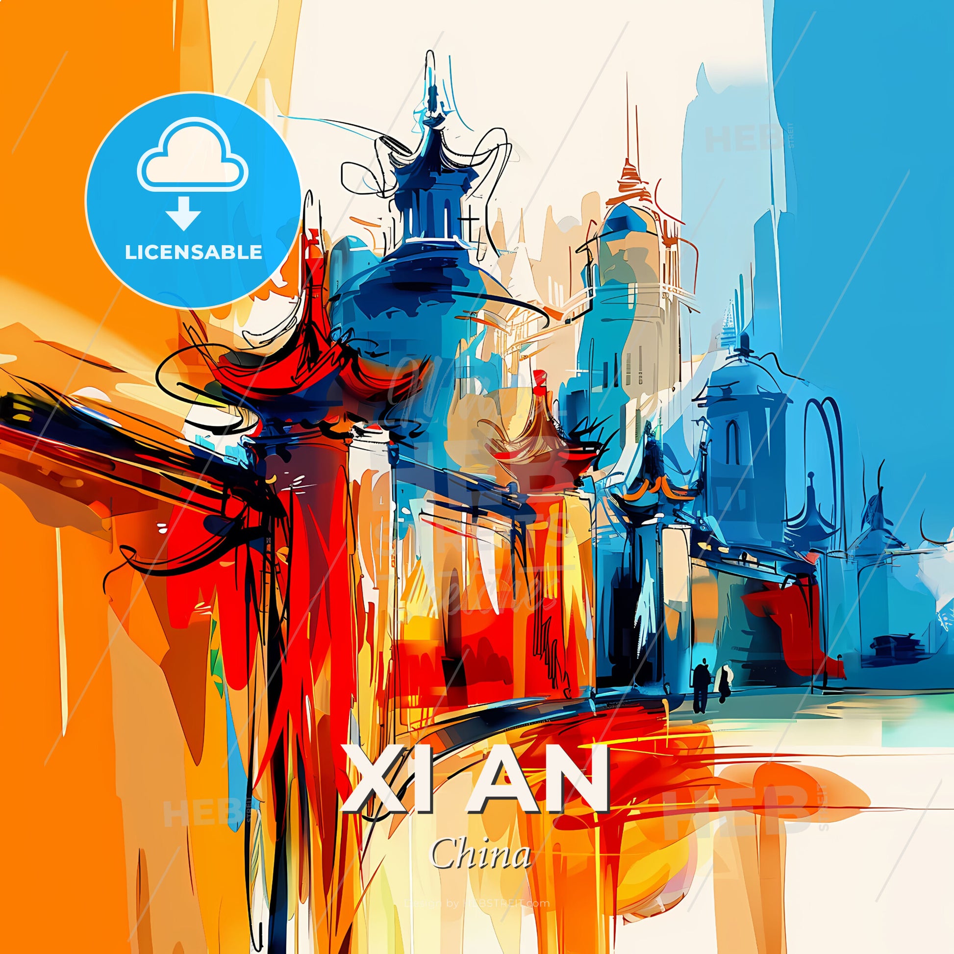 Vibrant Xi An, China - A Colorful Painting Of Buildings - Square format print template