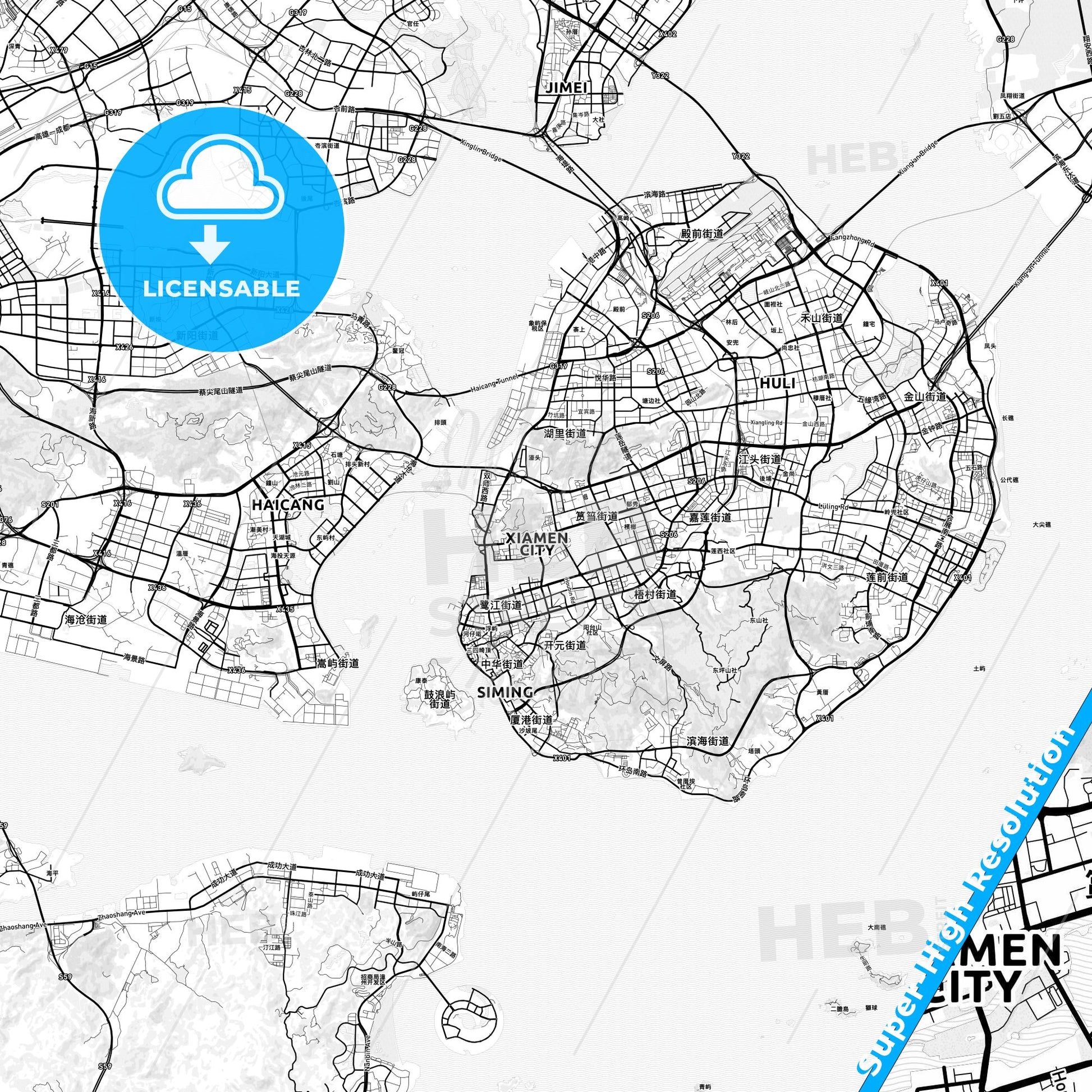 Xiamen, China light map with streetnames, citynames and districts