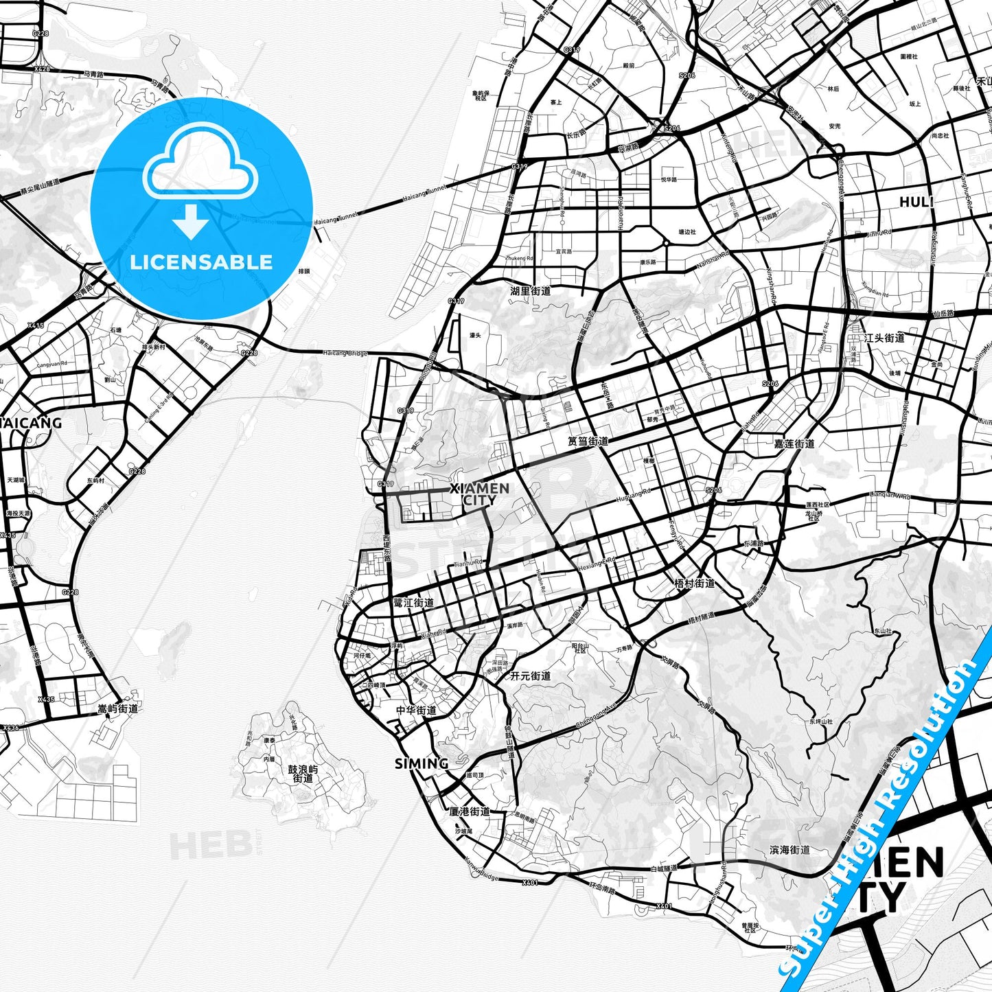 Xiamen, China Light Map with Street Names, City Names, and Districts