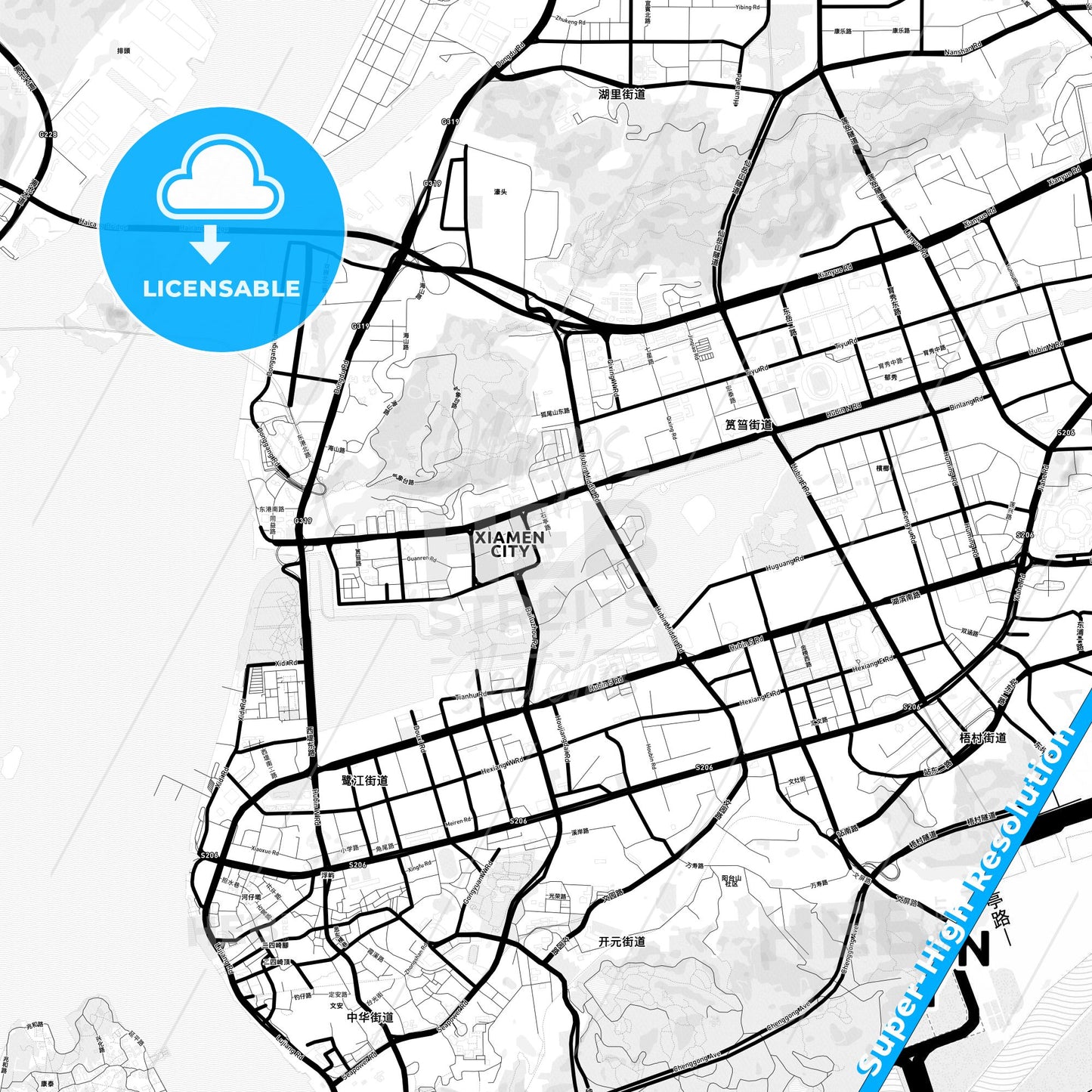Xiamen, China Light Map with Street Names, City Names, and Districts