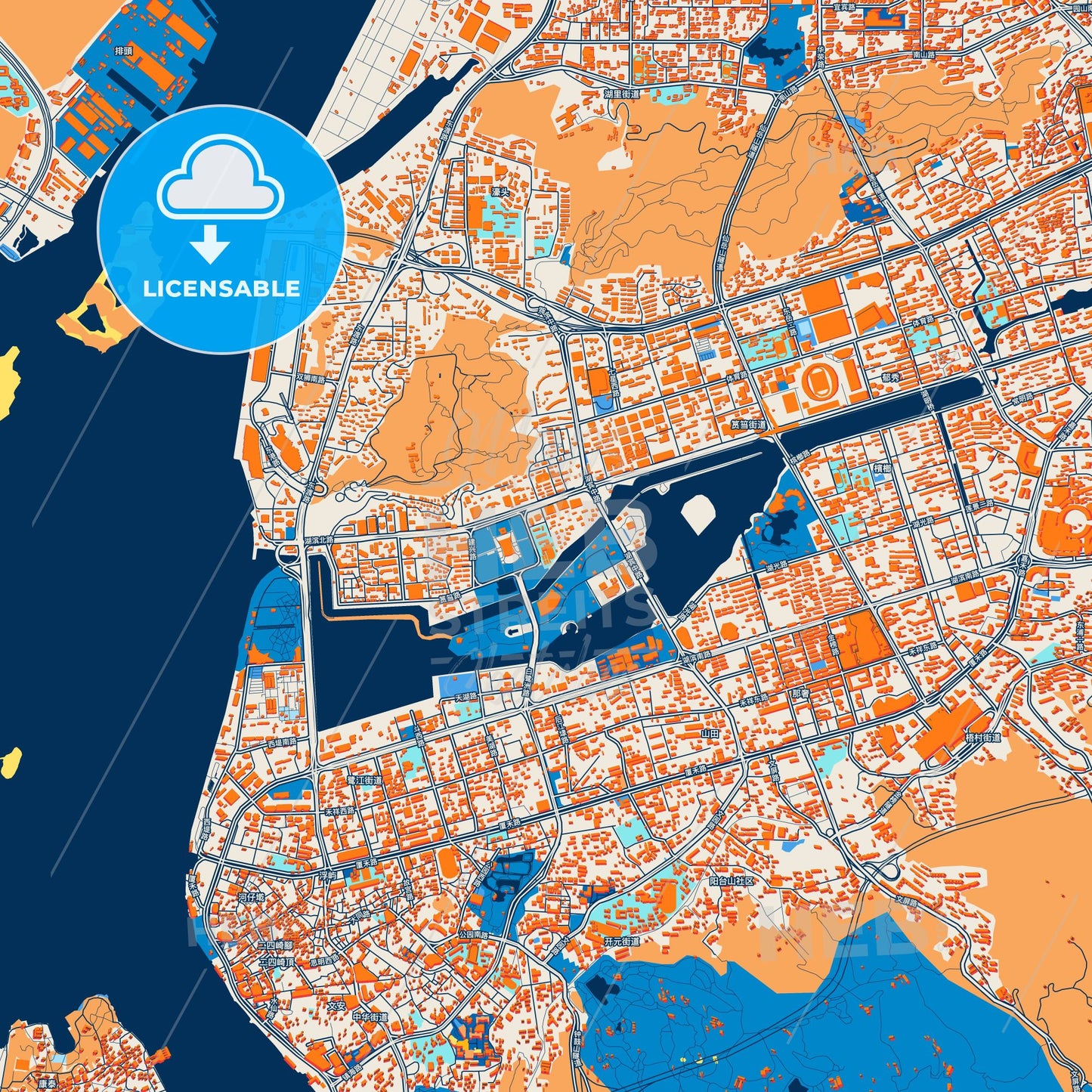 Colorful Xiamen Street Map with Labels and Buildings
