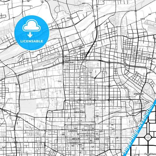 Xi an, China light map with streetnames, citynames and districts