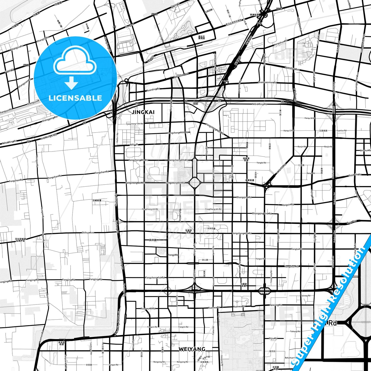 Xi an, China Light Map with Street Names, City Names, and Districts