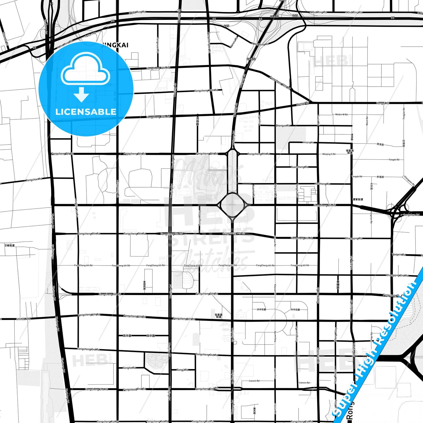 Xi an, China Light Map with Street Names, City Names, and Districts